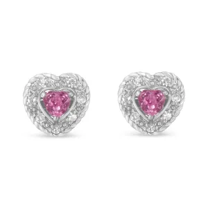 .925 Sterling Silver, Created Pink Sapphire, & Diamond-Accented 5/8 Heart-Shaped Rope Stud Earrings