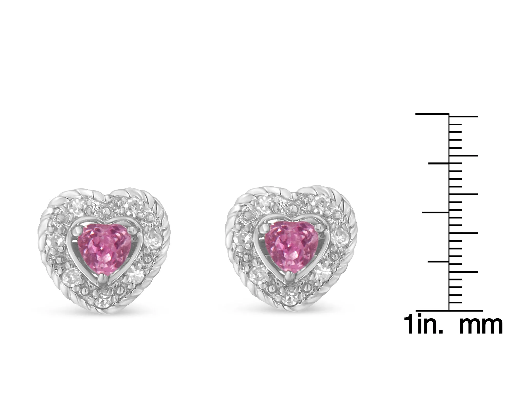 .925 Sterling Silver, Created Pink Sapphire, & Diamond-Accented 5/8 Heart-Shaped Rope Stud Earrings