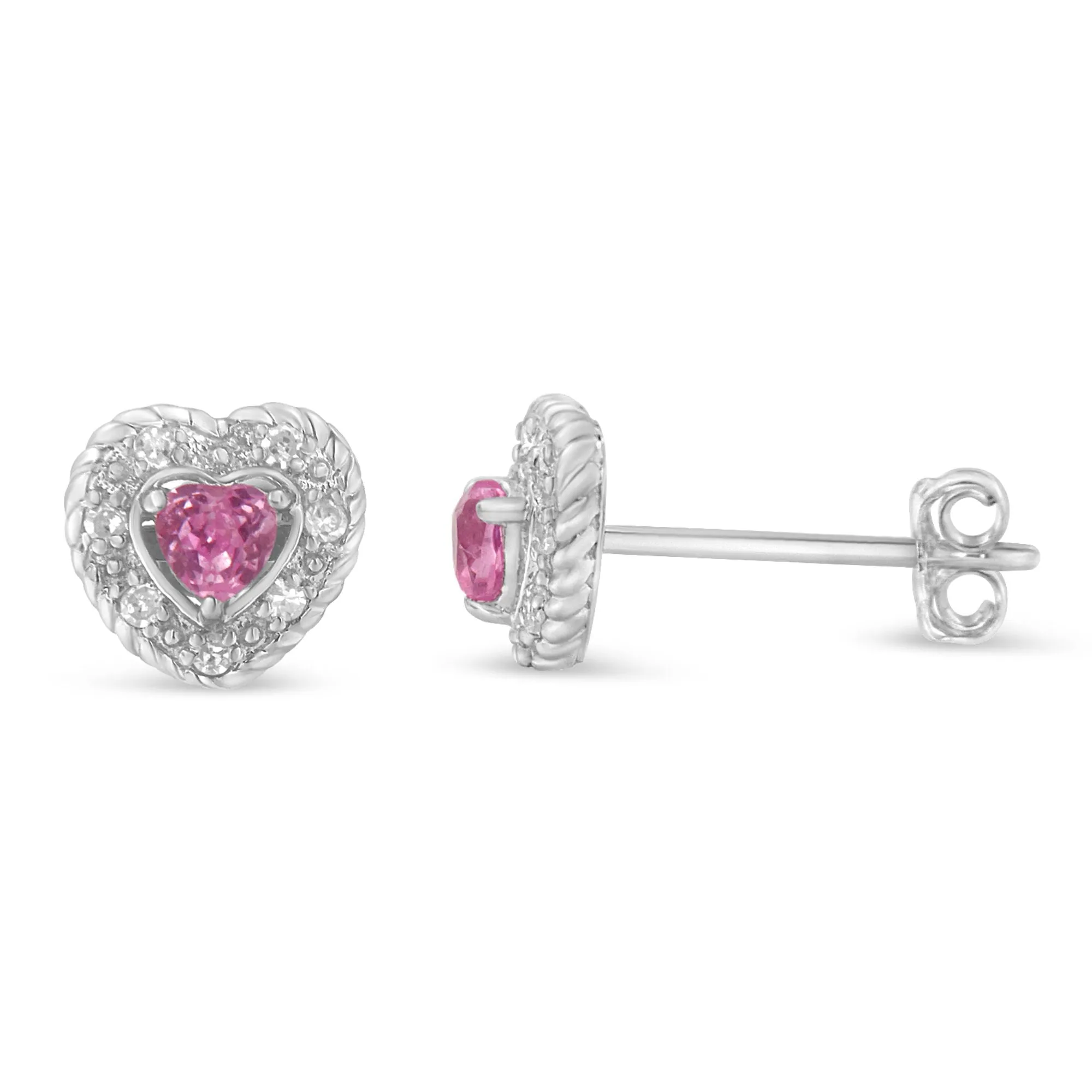 .925 Sterling Silver, Created Pink Sapphire, & Diamond-Accented 5/8 Heart-Shaped Rope Stud Earrings