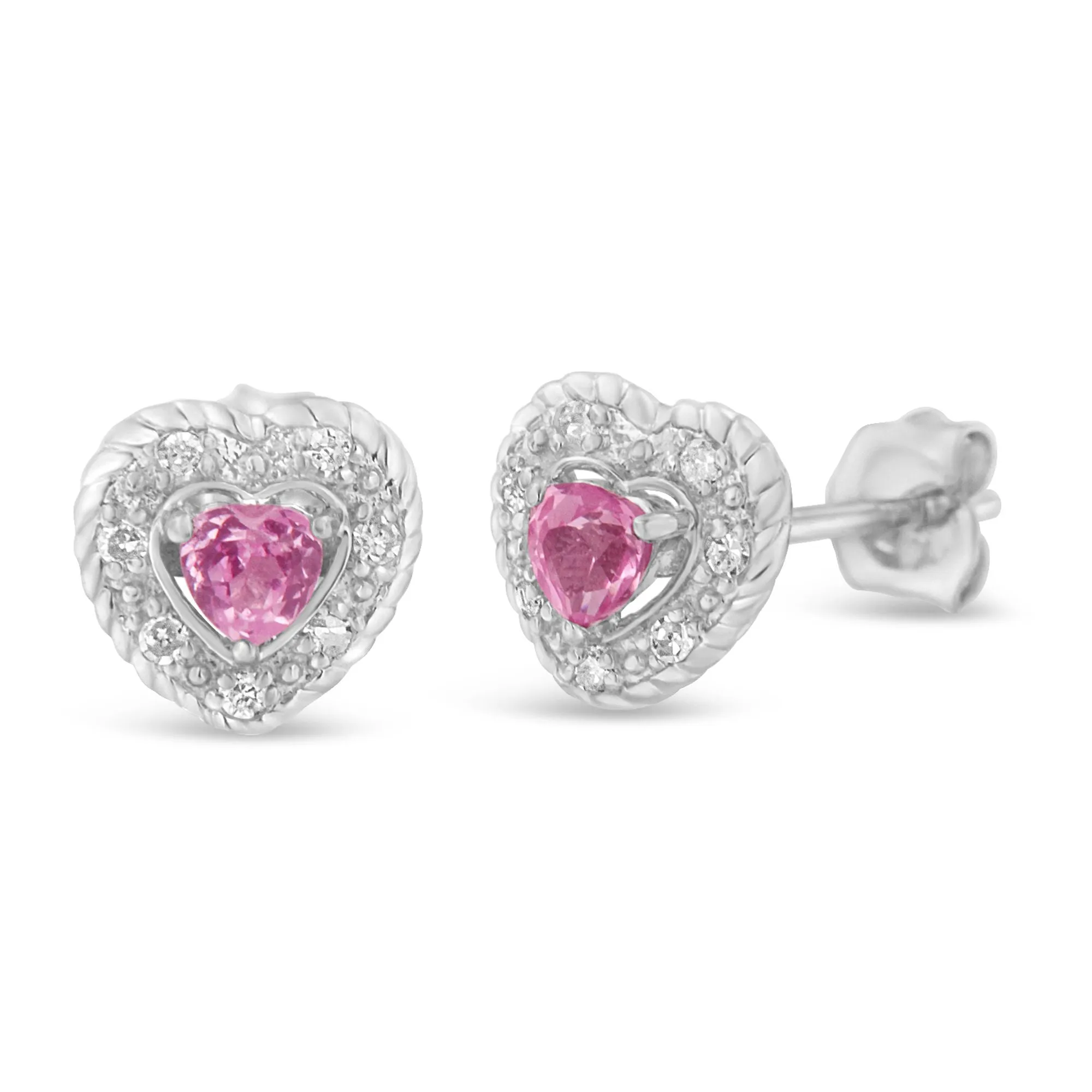 .925 Sterling Silver, Created Pink Sapphire, & Diamond-Accented 5/8 Heart-Shaped Rope Stud Earrings