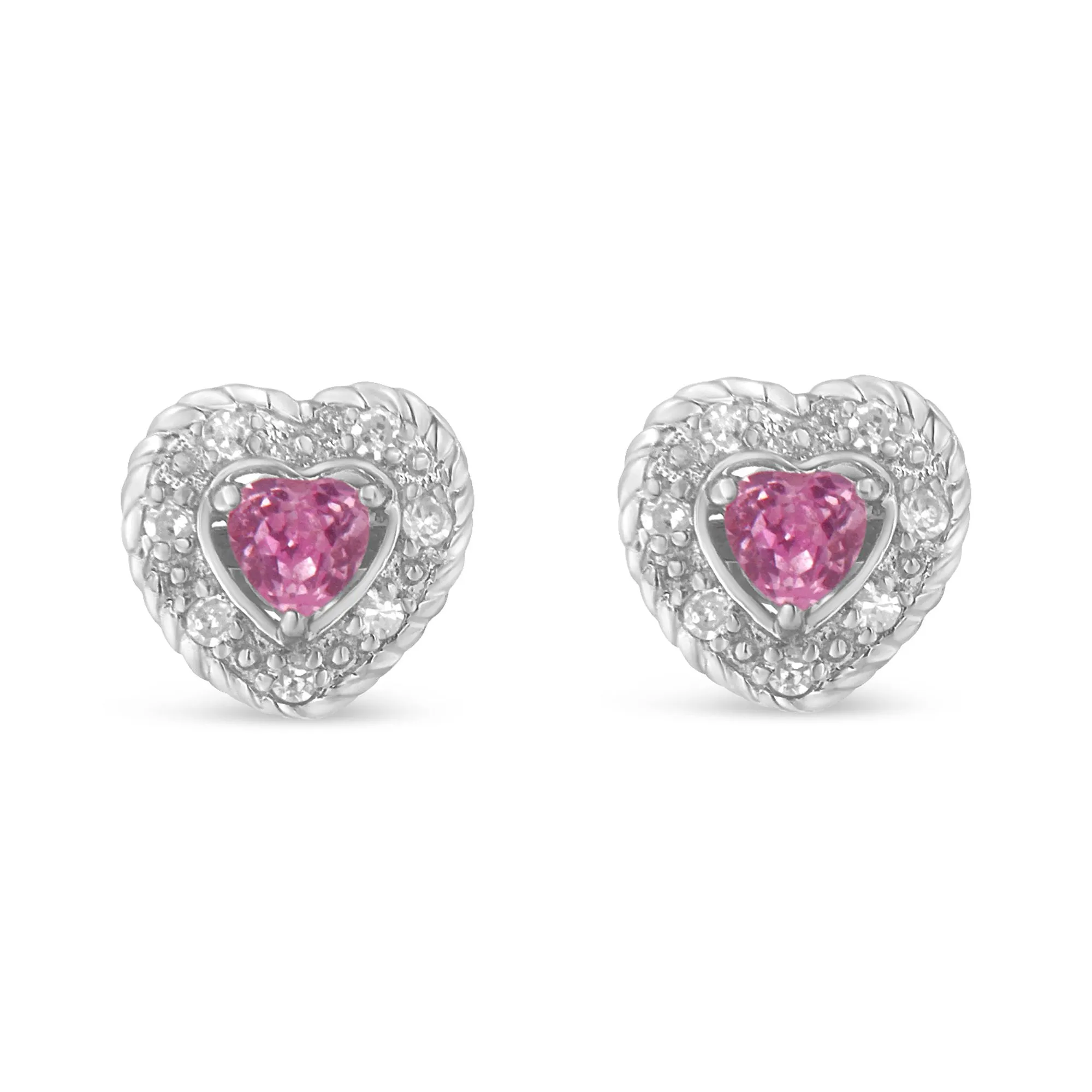 .925 Sterling Silver, Created Pink Sapphire, & Diamond-Accented 5/8 Heart-Shaped Rope Stud Earrings