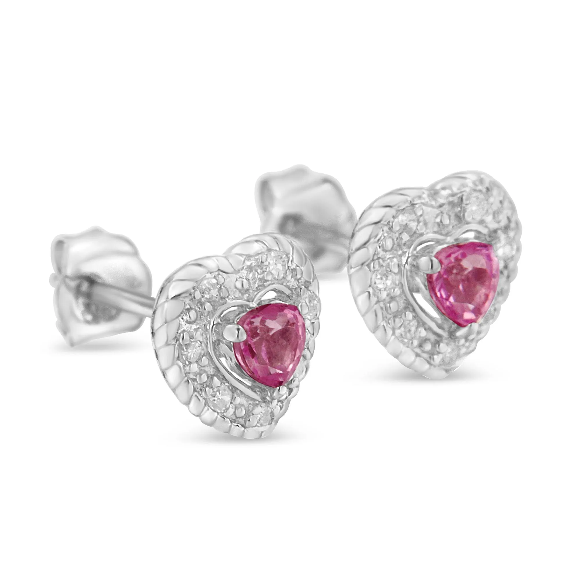 .925 Sterling Silver, Created Pink Sapphire, & Diamond-Accented 5/8 Heart-Shaped Rope Stud Earrings