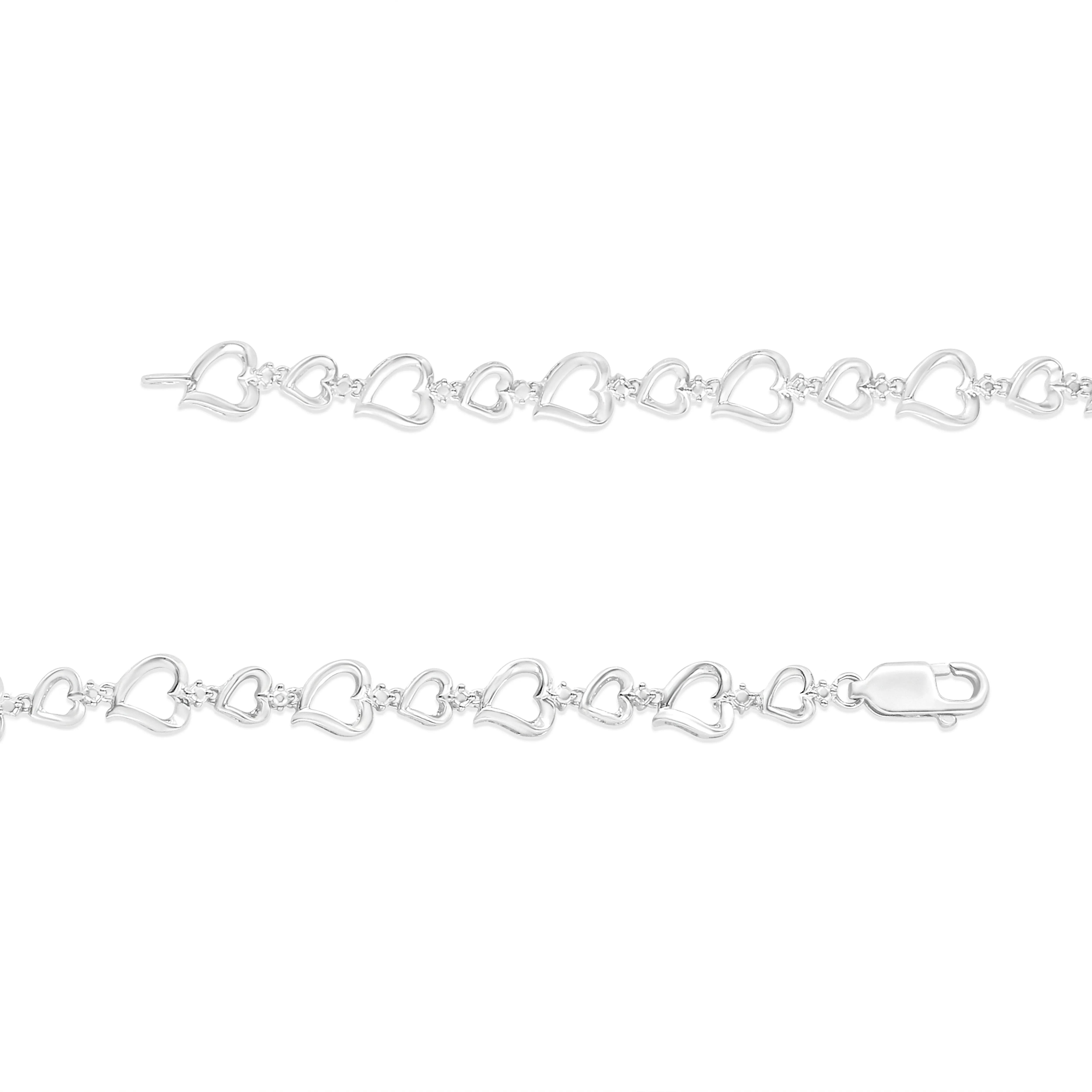 .925 Sterling Silver Prong Set Diamond Accent Alternating Heart Link Bracelet