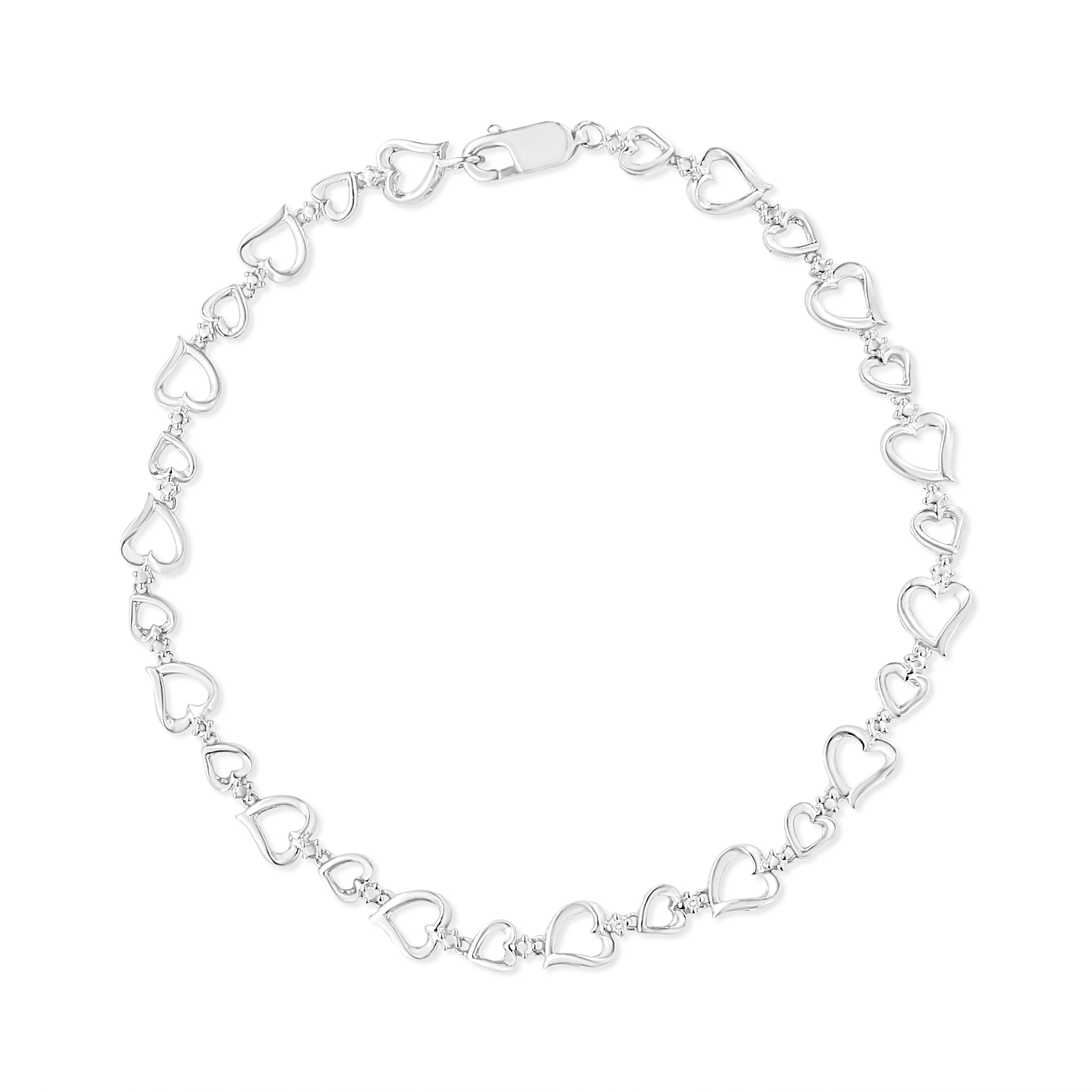 .925 Sterling Silver Prong Set Diamond Accent Alternating Heart Link Bracelet