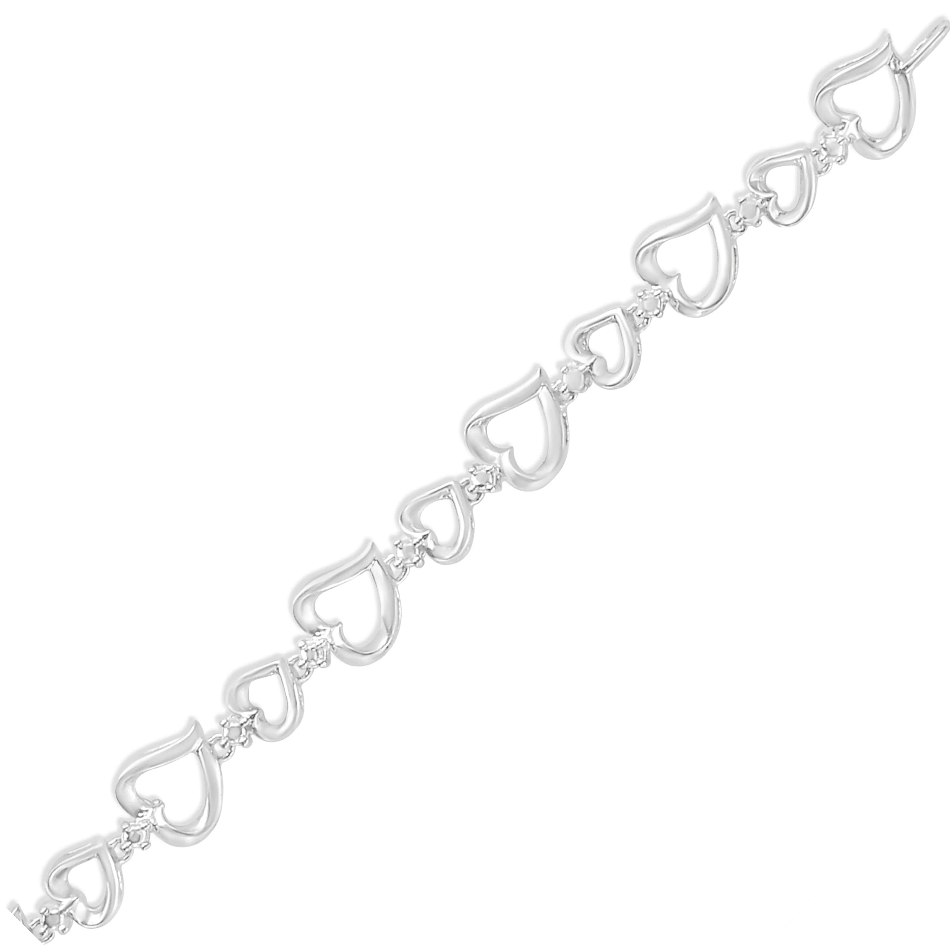 .925 Sterling Silver Prong Set Diamond Accent Alternating Heart Link Bracelet