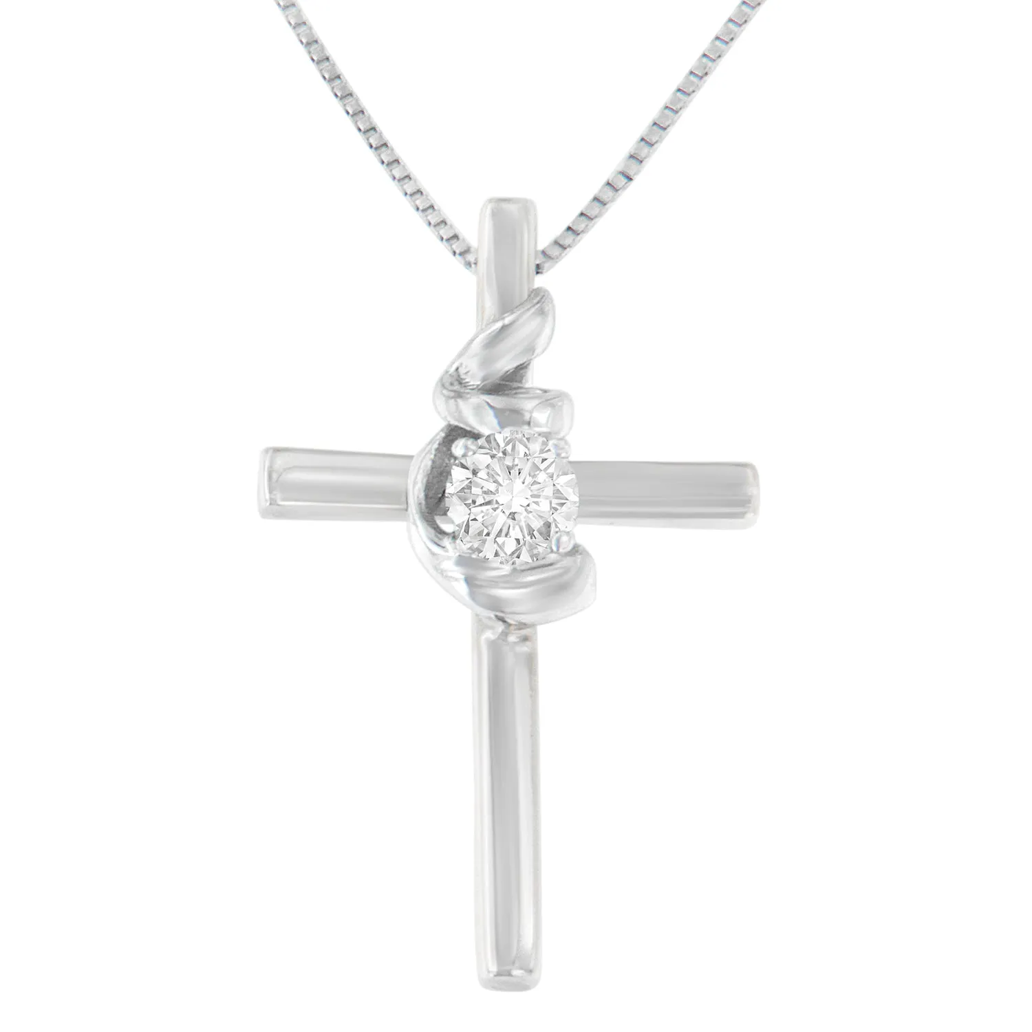 .925 Sterling Silver Prong Set Round-Cut Solitaire Diamond Accent Cross 18 Pendant Necklace