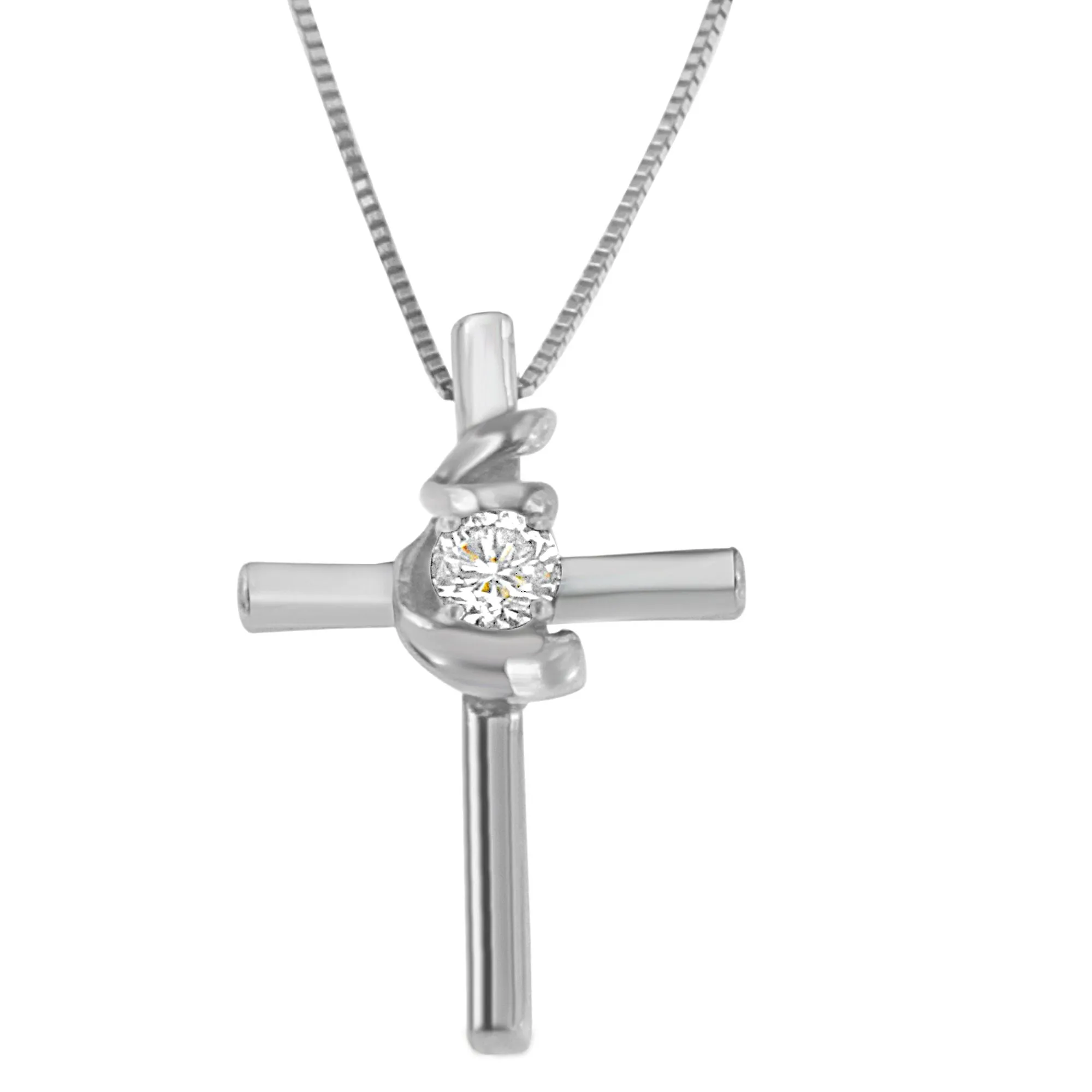 .925 Sterling Silver Prong Set Round-Cut Solitaire Diamond Accent Cross 18 Pendant Necklace