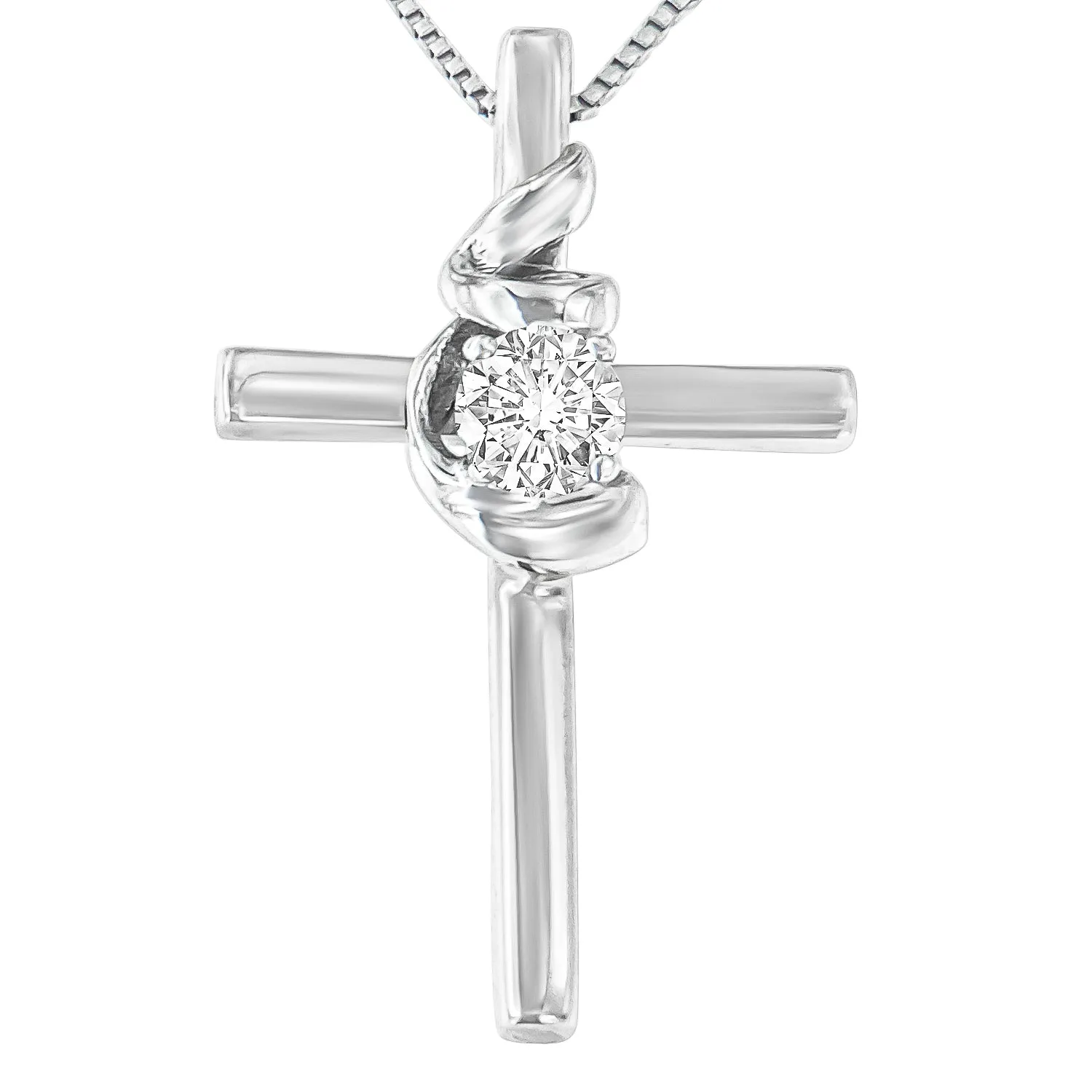 .925 Sterling Silver Prong Set Round-Cut Solitaire Diamond Accent Cross 18 Pendant Necklace