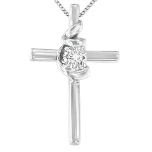 .925 Sterling Silver Prong Set Round-Cut Solitaire Diamond Accent Cross 18 Pendant Necklace