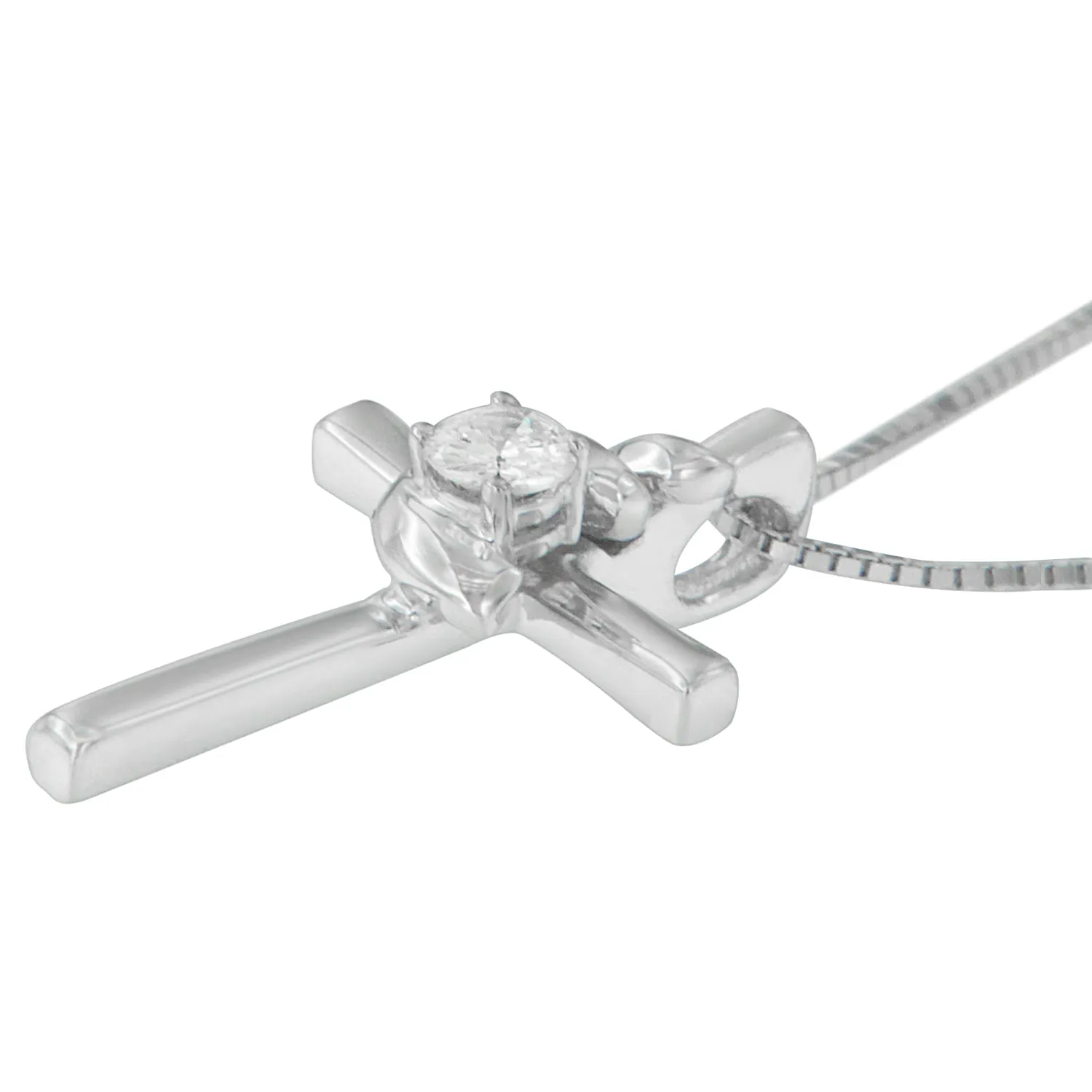 .925 Sterling Silver Prong Set Round-Cut Solitaire Diamond Accent Cross 18 Pendant Necklace