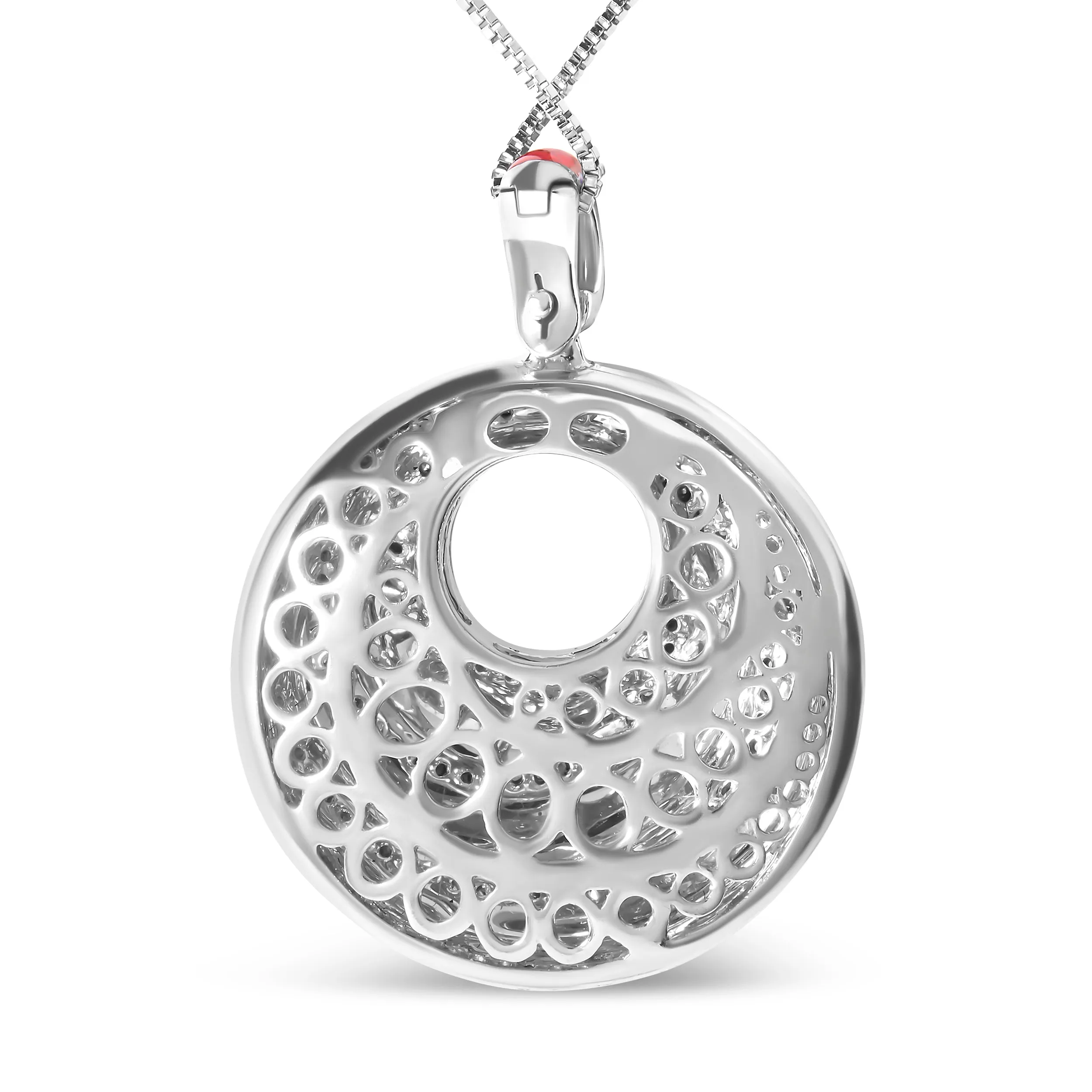 .925 Sterling Silver Red Enamel and 1/2 Diamond Endless Swirl Medallion 18 Pendant Necklace
