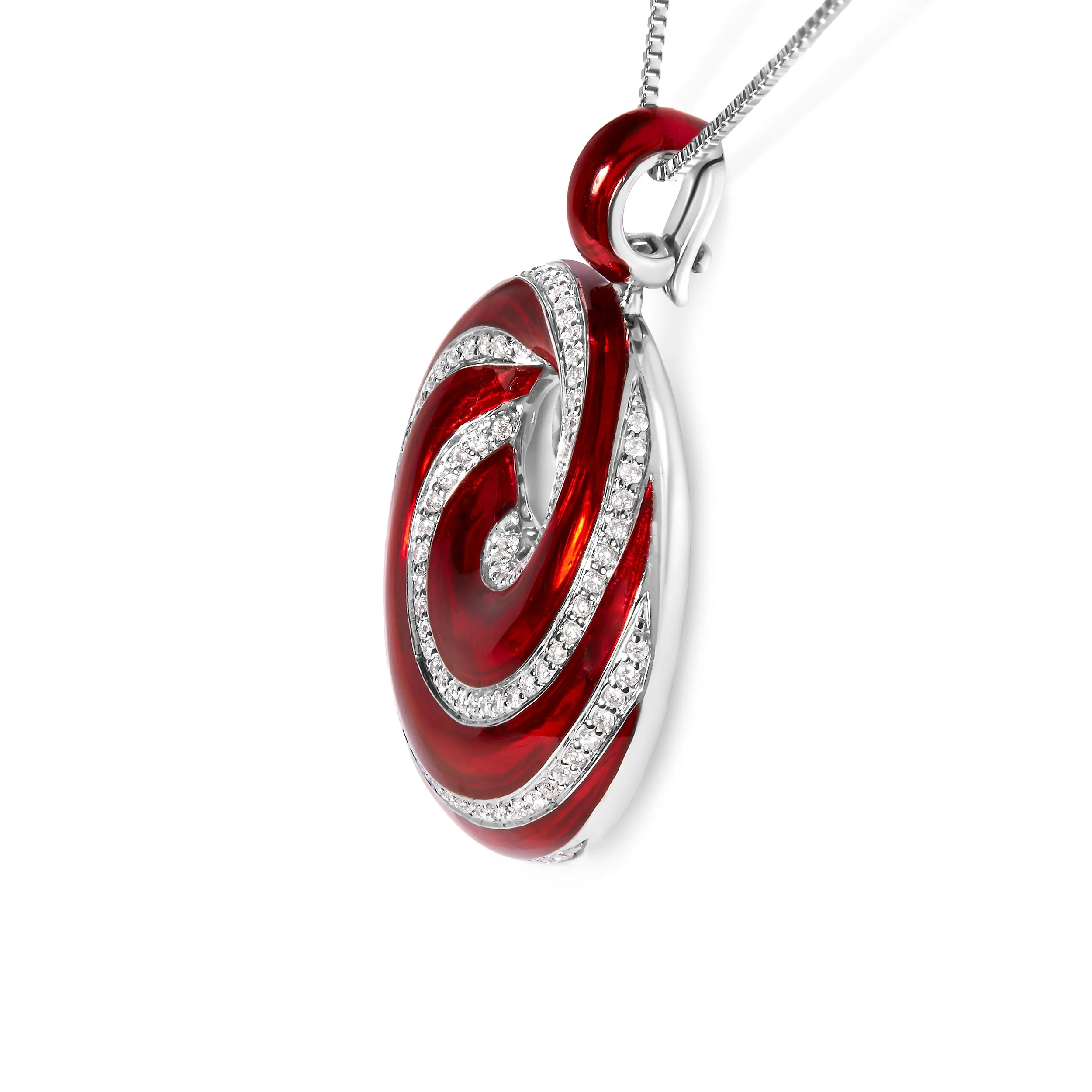 .925 Sterling Silver Red Enamel and 1/2 Diamond Endless Swirl Medallion 18 Pendant Necklace
