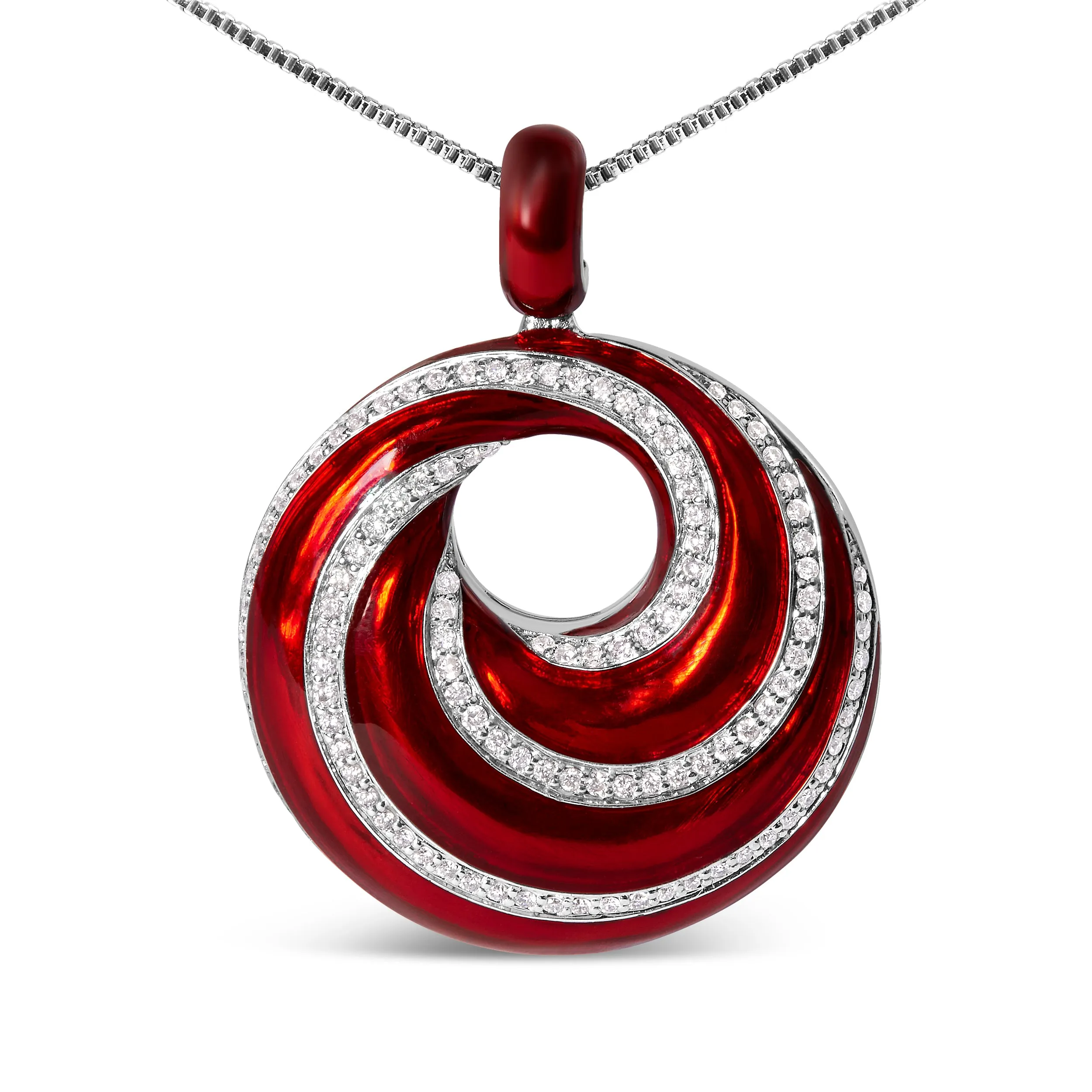 .925 Sterling Silver Red Enamel and 1/2 Diamond Endless Swirl Medallion 18 Pendant Necklace