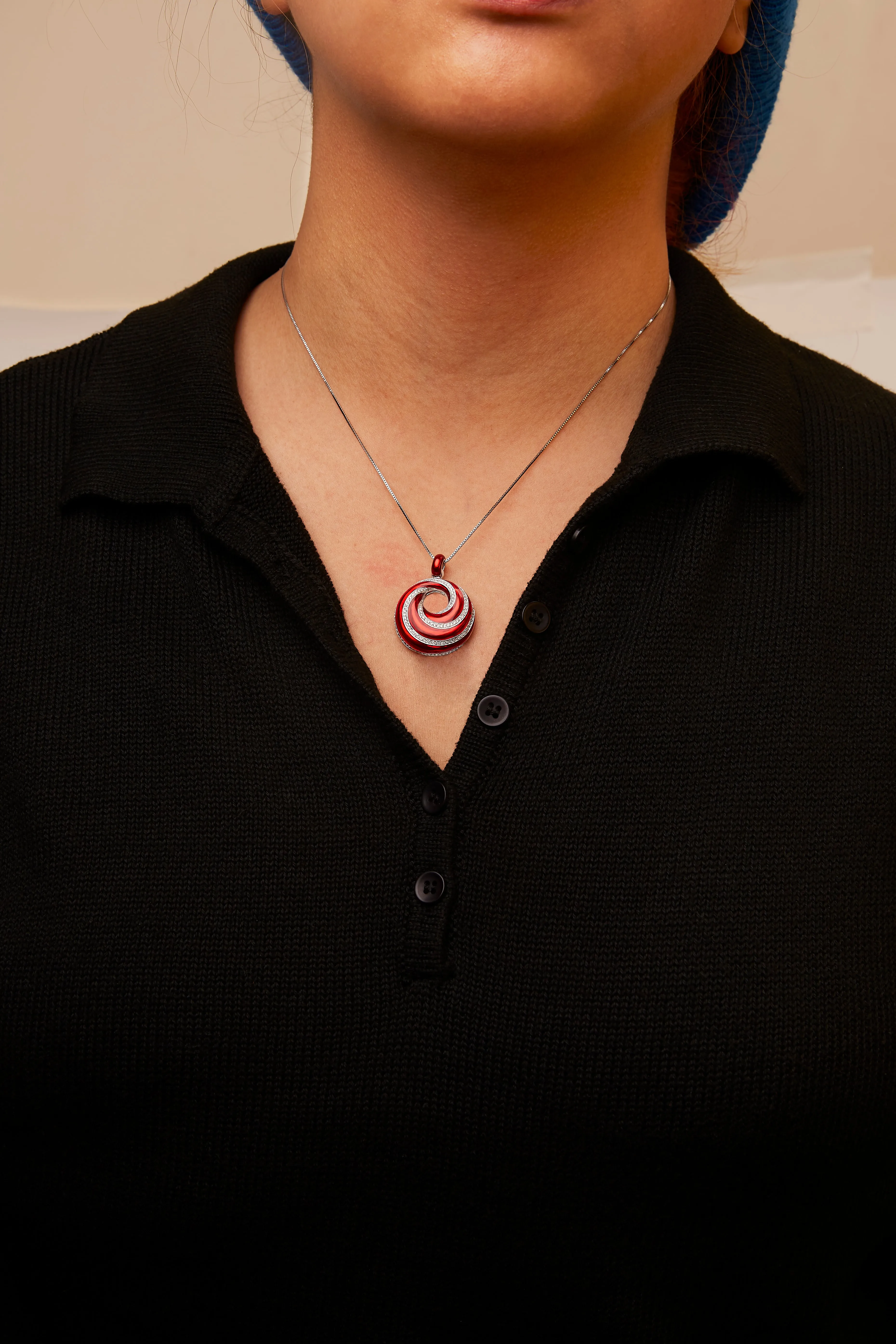.925 Sterling Silver Red Enamel and 1/2 Diamond Endless Swirl Medallion 18 Pendant Necklace