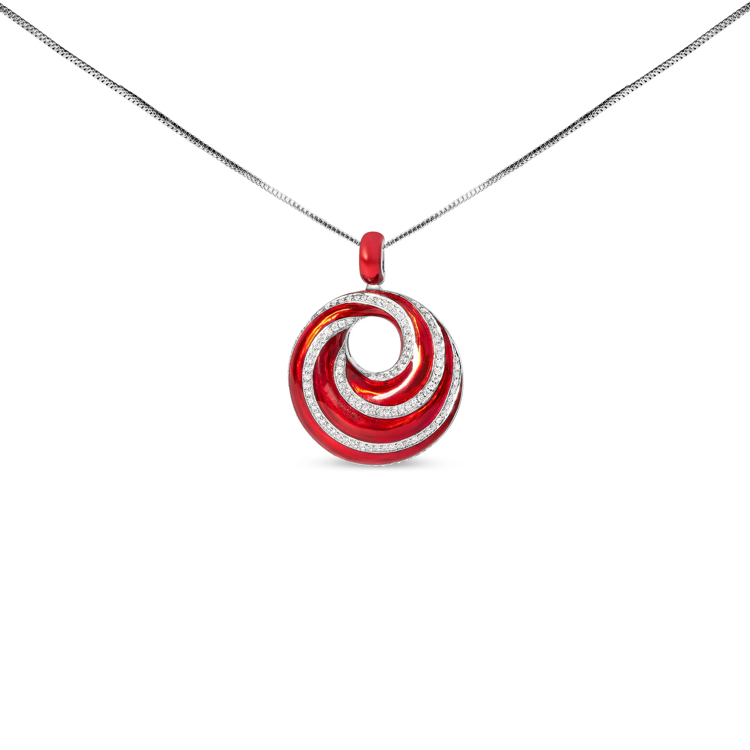 .925 Sterling Silver Red Enamel and 1/2 Diamond Endless Swirl Medallion 18 Pendant Necklace