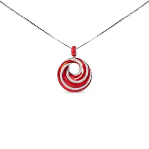 .925 Sterling Silver Red Enamel and 1/2 Diamond Endless Swirl Medallion 18 Pendant Necklace