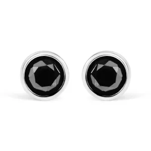 .925 Sterling Silver Round Brilliant-Cut Black Diamond Bezel-Set Stud Earrings with Screw Backs