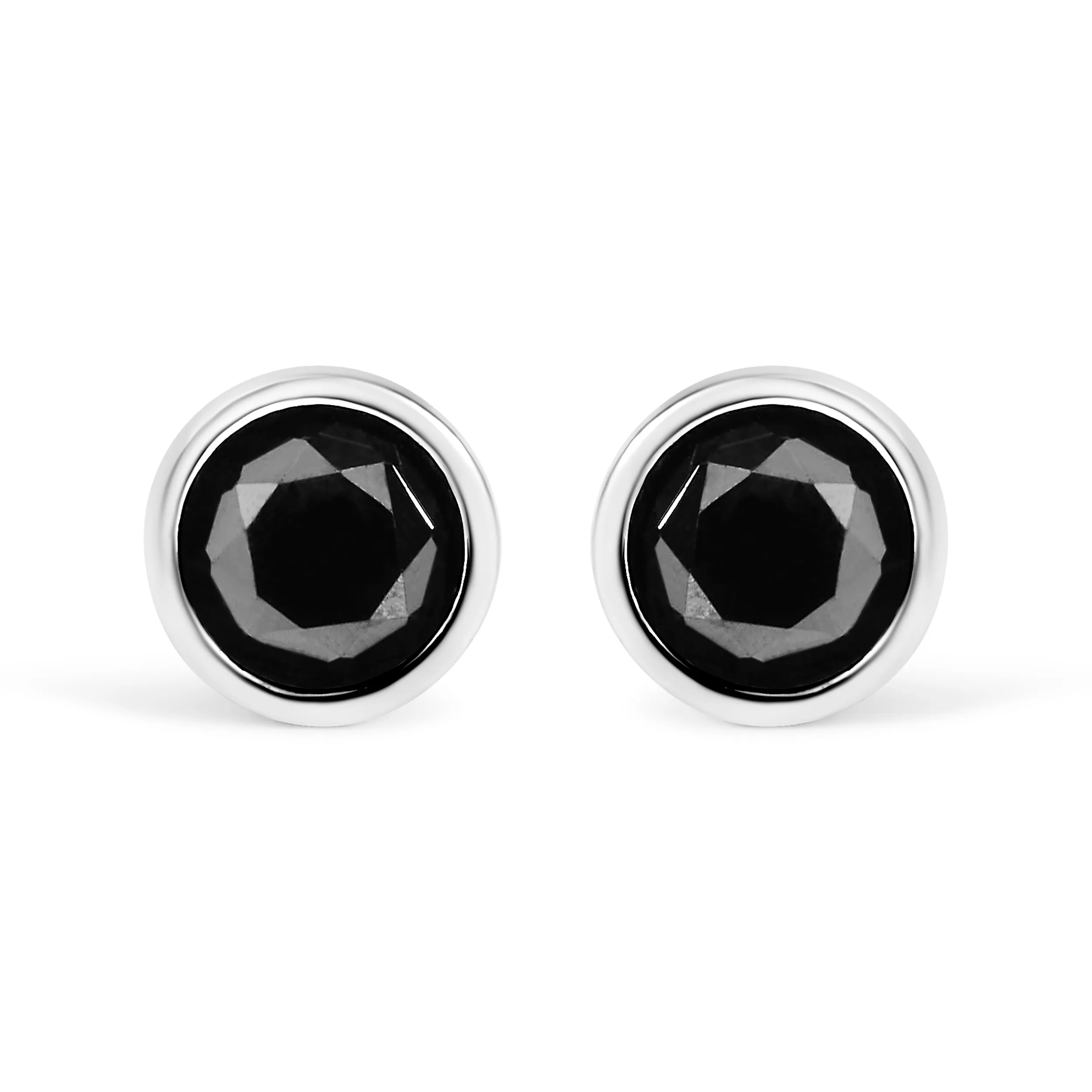 .925 Sterling Silver Round Brilliant-Cut Black Diamond Bezel-Set Stud Earrings with Screw Backs