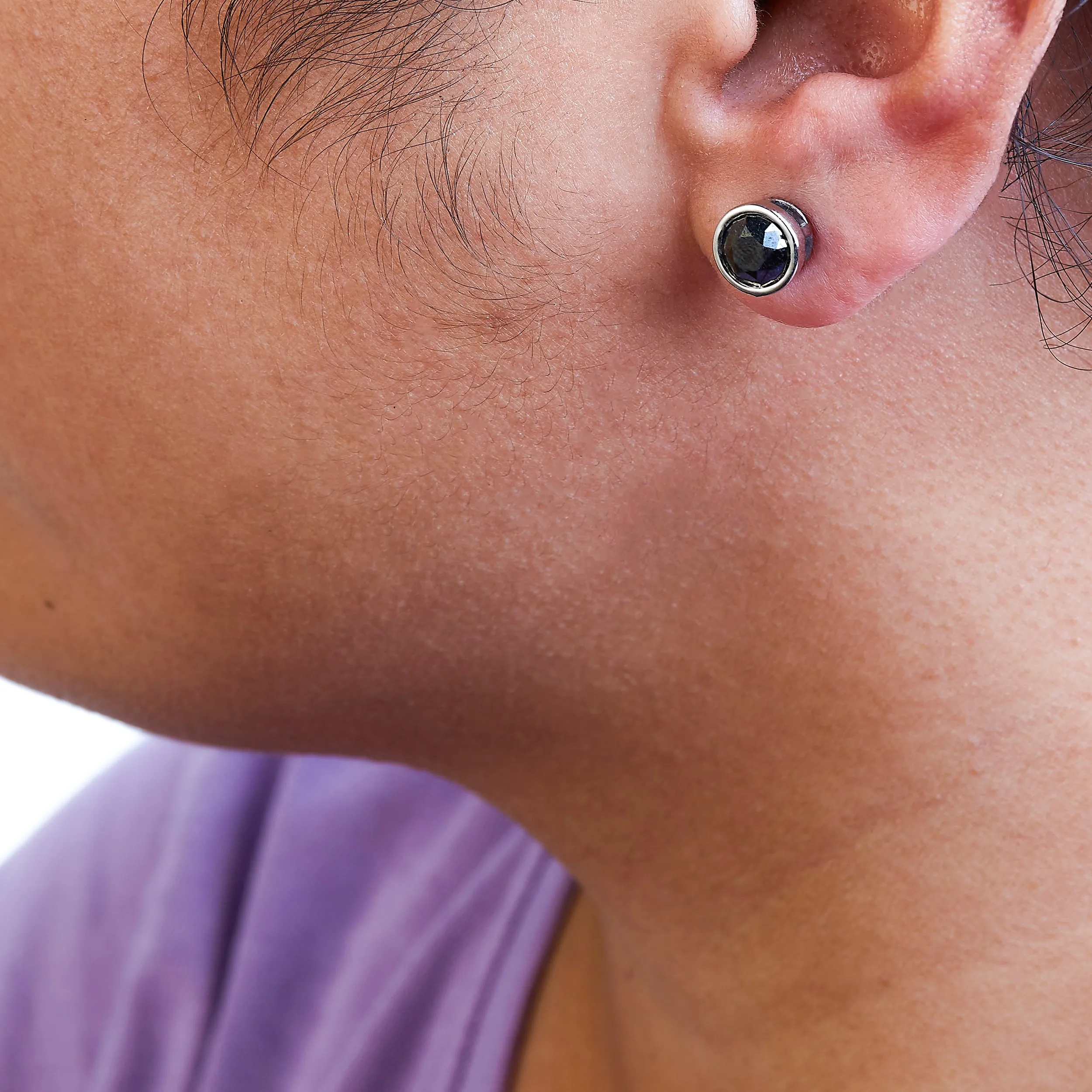 .925 Sterling Silver Round Brilliant-Cut Black Diamond Bezel-Set Stud Earrings with Screw Backs