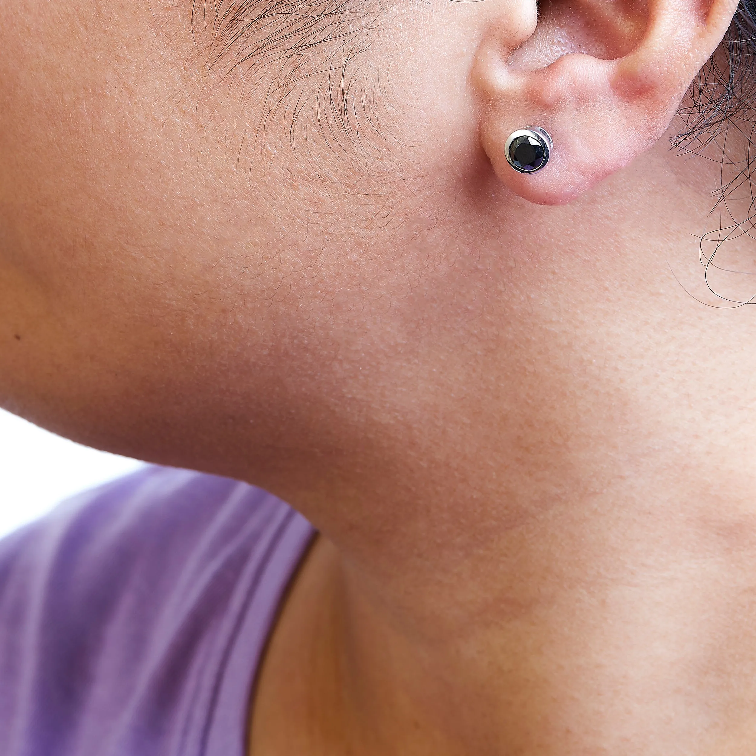 .925 Sterling Silver Round Brilliant-Cut Black Diamond Bezel-Set Stud Earrings with Screw Backs