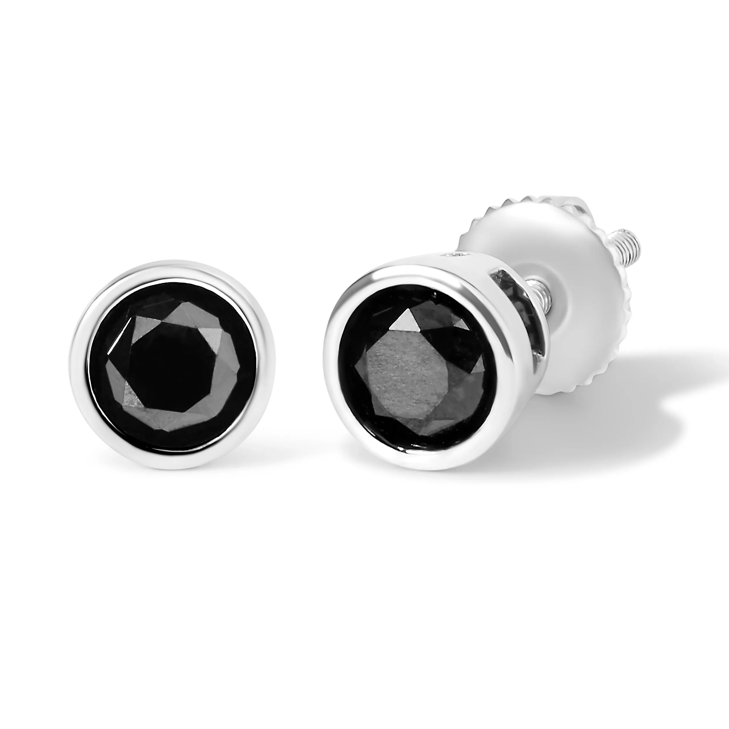 .925 Sterling Silver Round Brilliant-Cut Black Diamond Bezel-Set Stud Earrings with Screw Backs