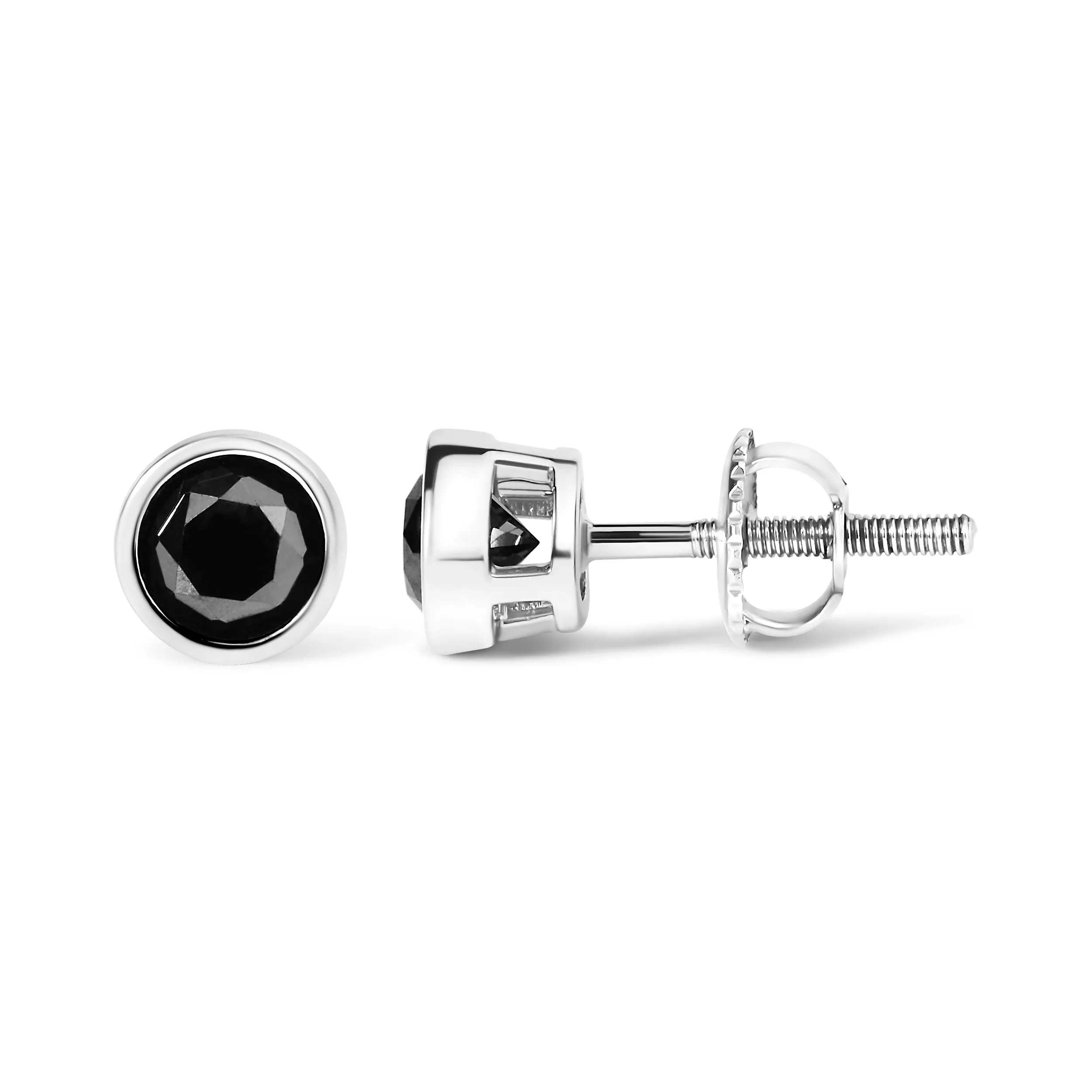 .925 Sterling Silver Round Brilliant-Cut Black Diamond Bezel-Set Stud Earrings with Screw Backs