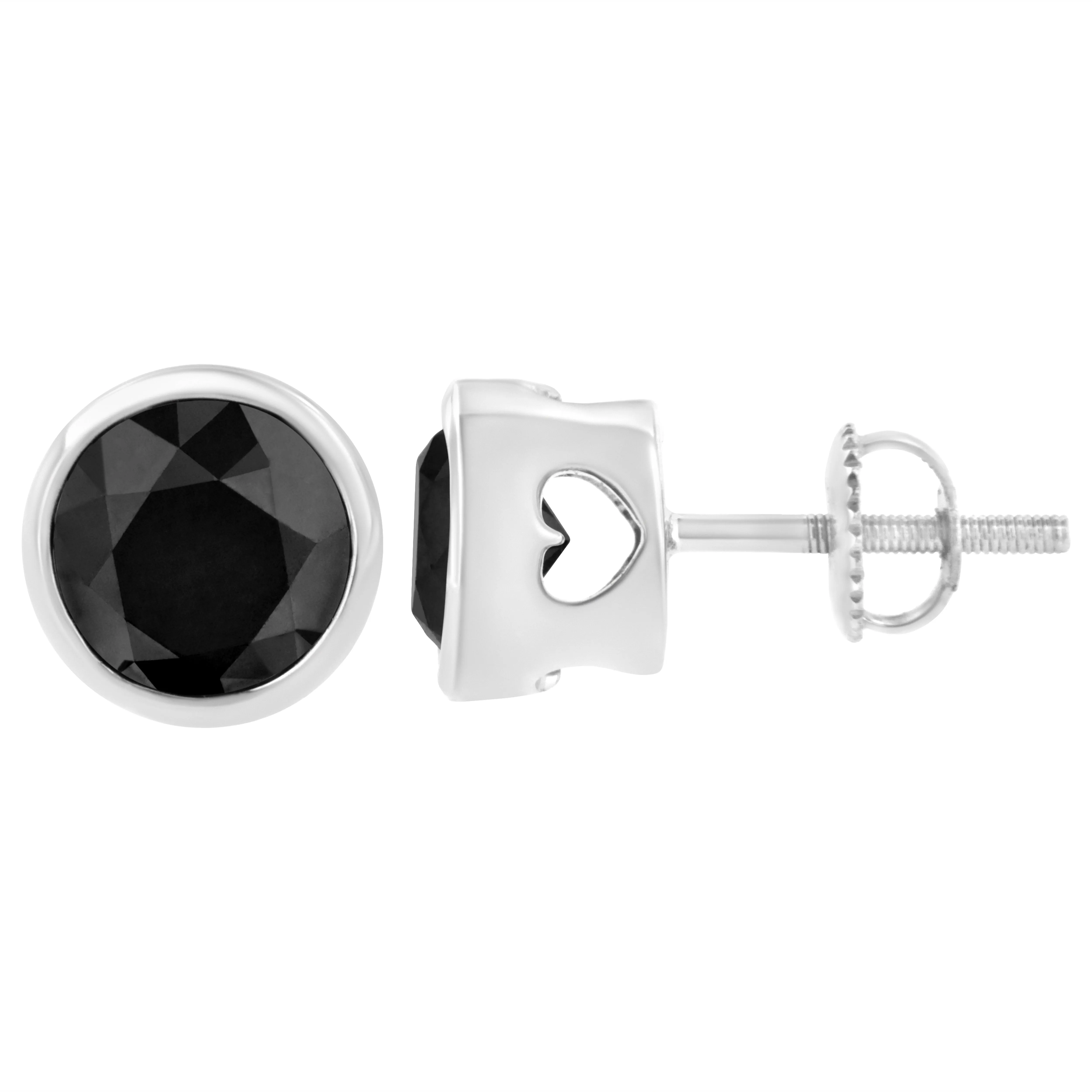 .925 Sterling Silver Round Brilliant-Cut Black Diamond Bezel-Set Stud Earrings with Screw Backs