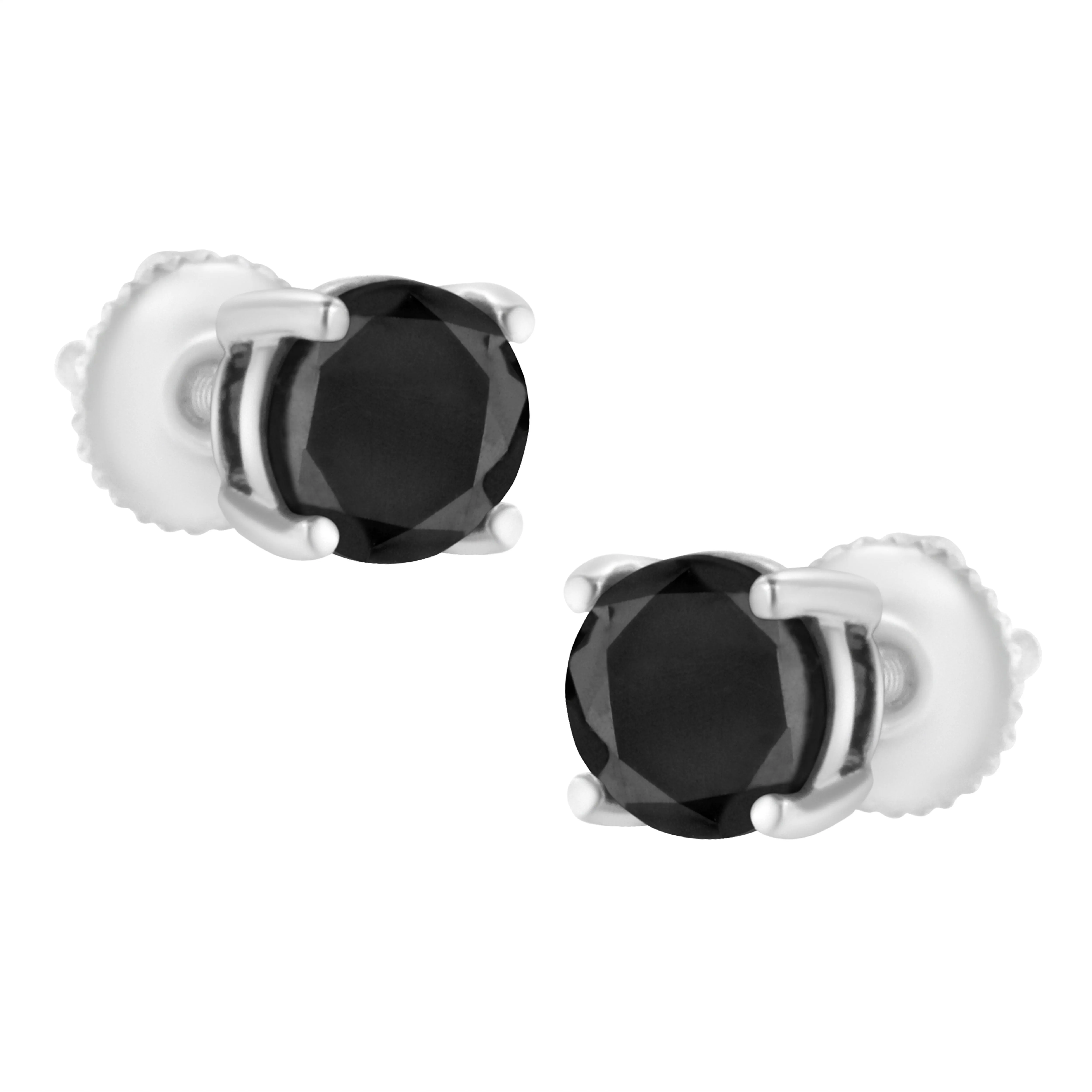 .925 Sterling Silver Round Brilliant-Cut Black Diamond Classic 4-Prong Stud Earrings with Screw Backs