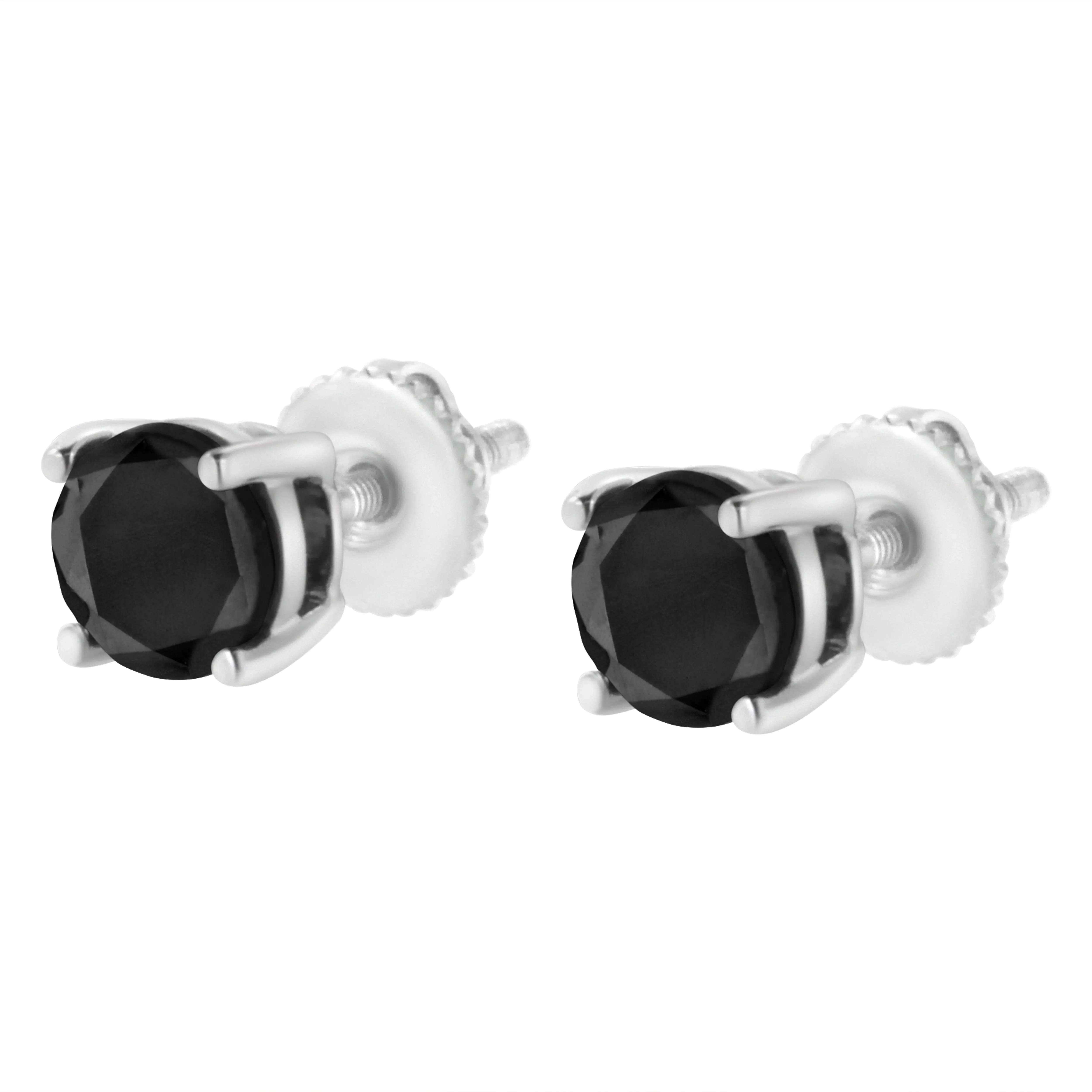 .925 Sterling Silver Round Brilliant-Cut Black Diamond Classic 4-Prong Stud Earrings with Screw Backs