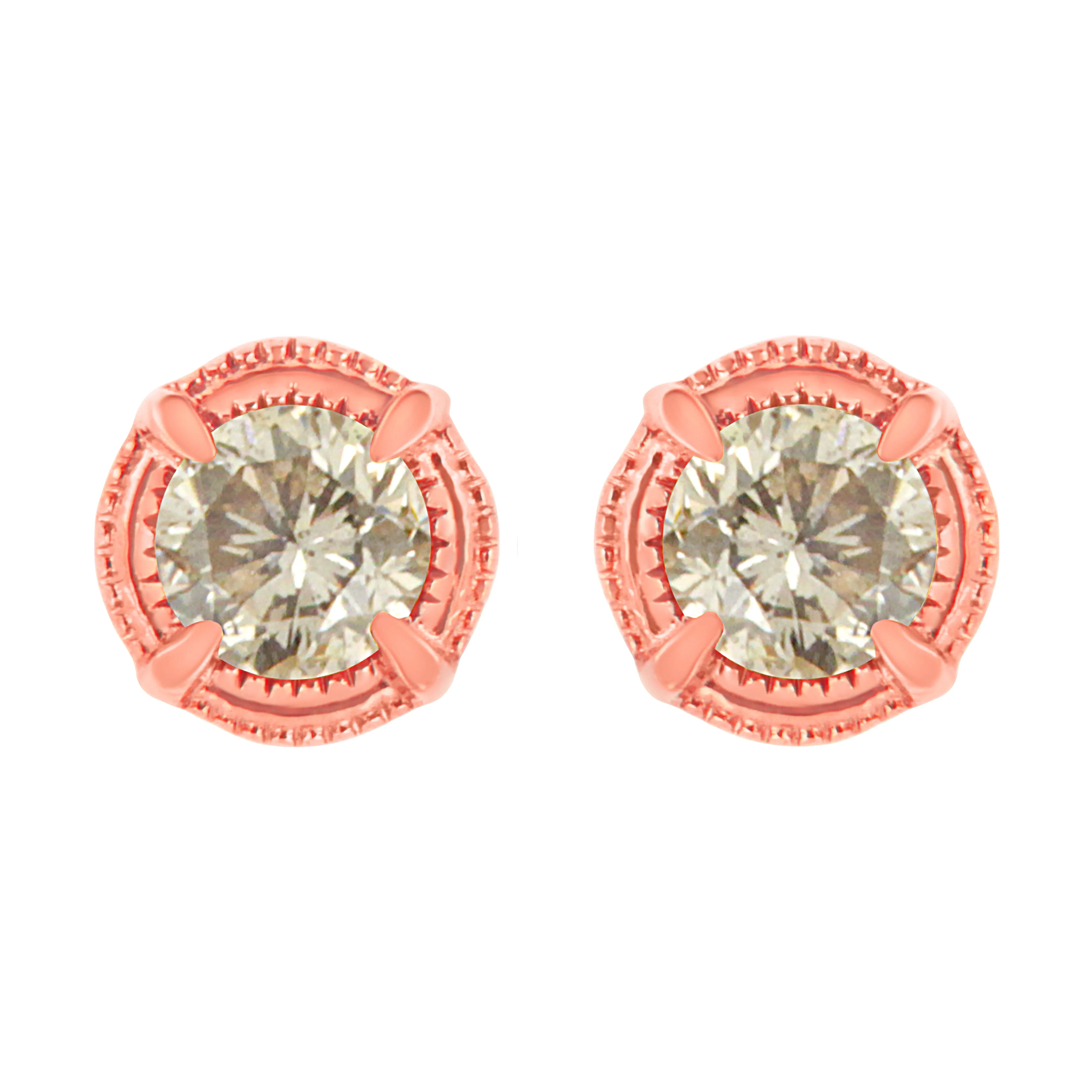 .925 Sterling Silver Round Brilliant Cut Diamond Solitaire Milgrain Stud Earrings