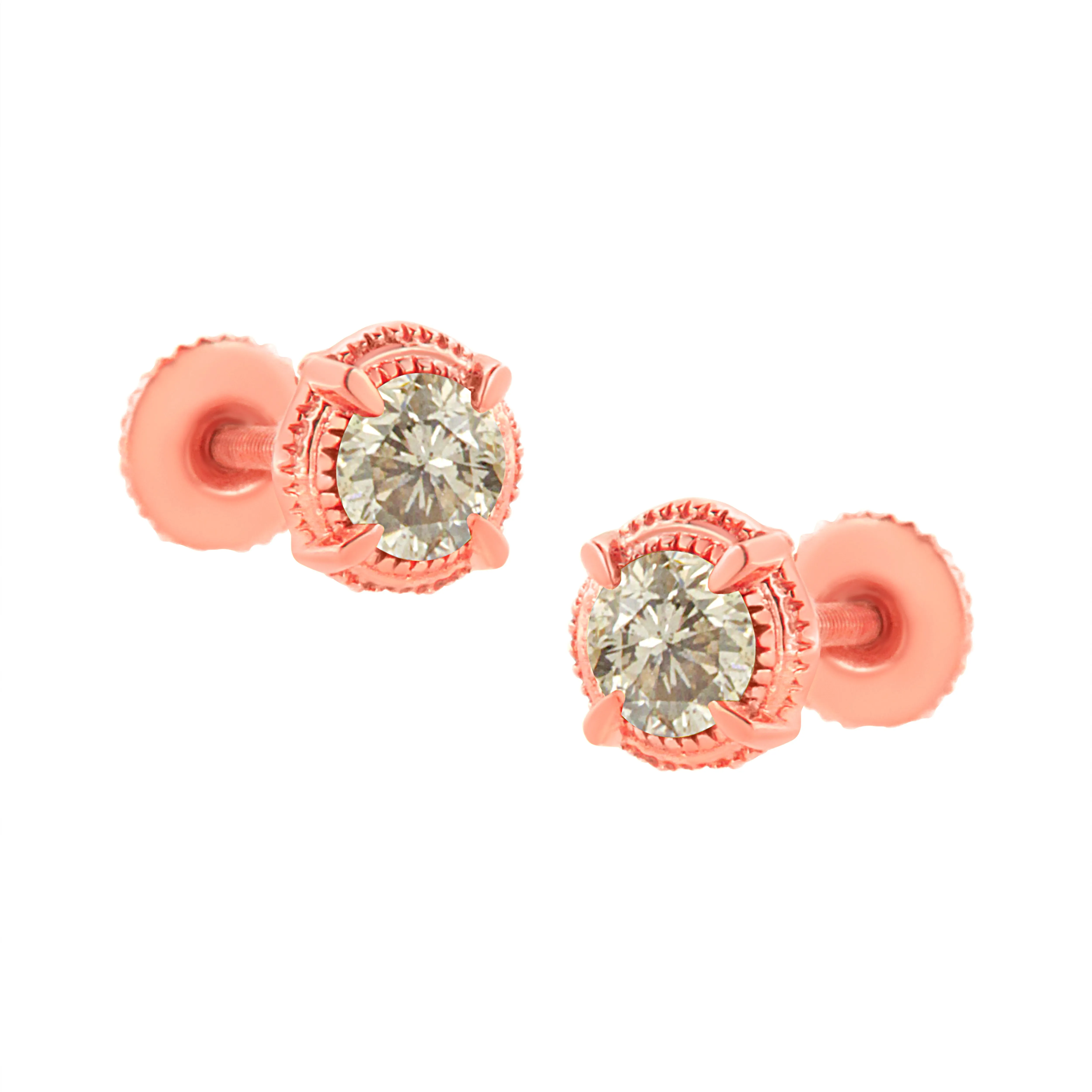 .925 Sterling Silver Round Brilliant Cut Diamond Solitaire Milgrain Stud Earrings