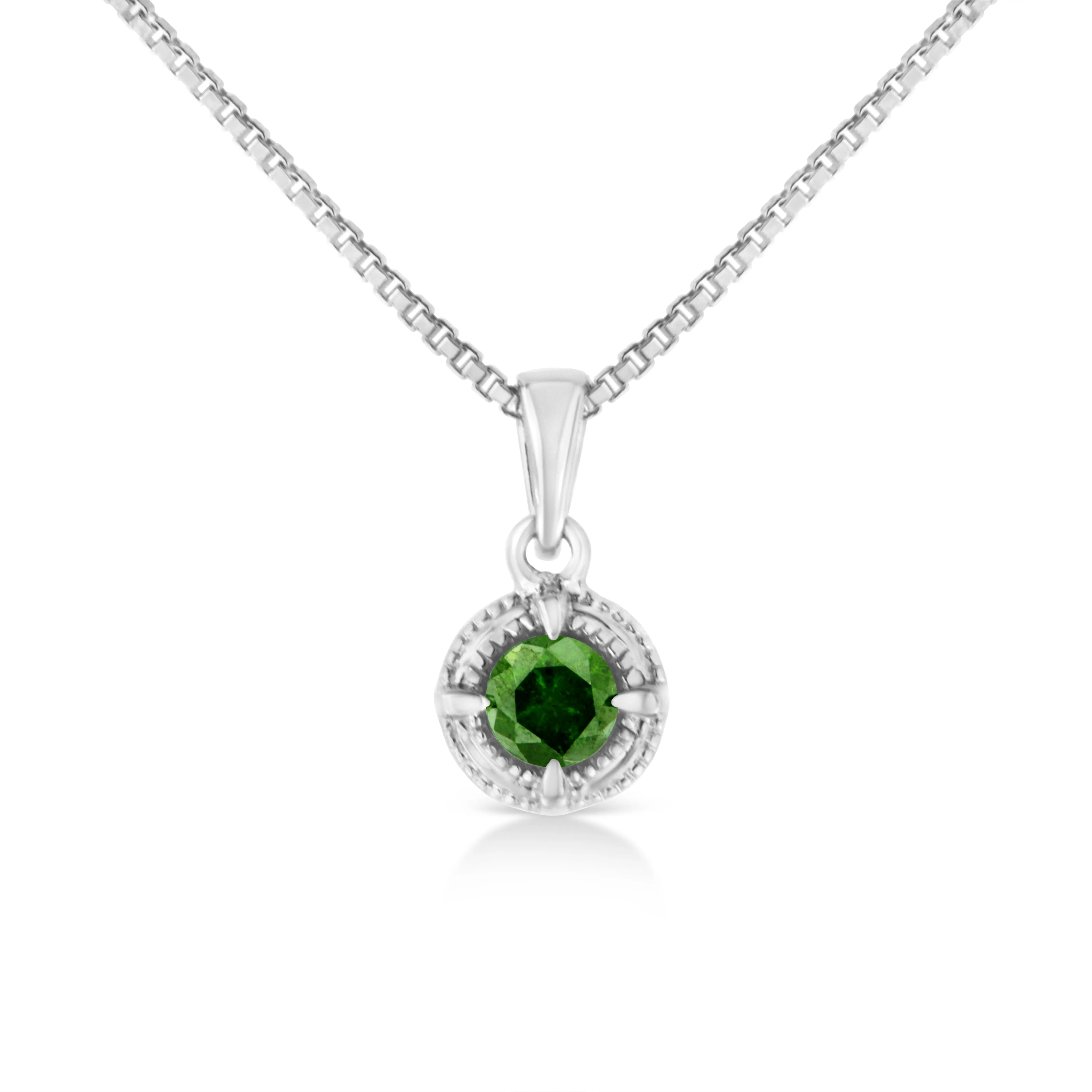 .925 Sterling Silver Treated Color Diamond Solitaire 18 Milgrain Pendant Necklace