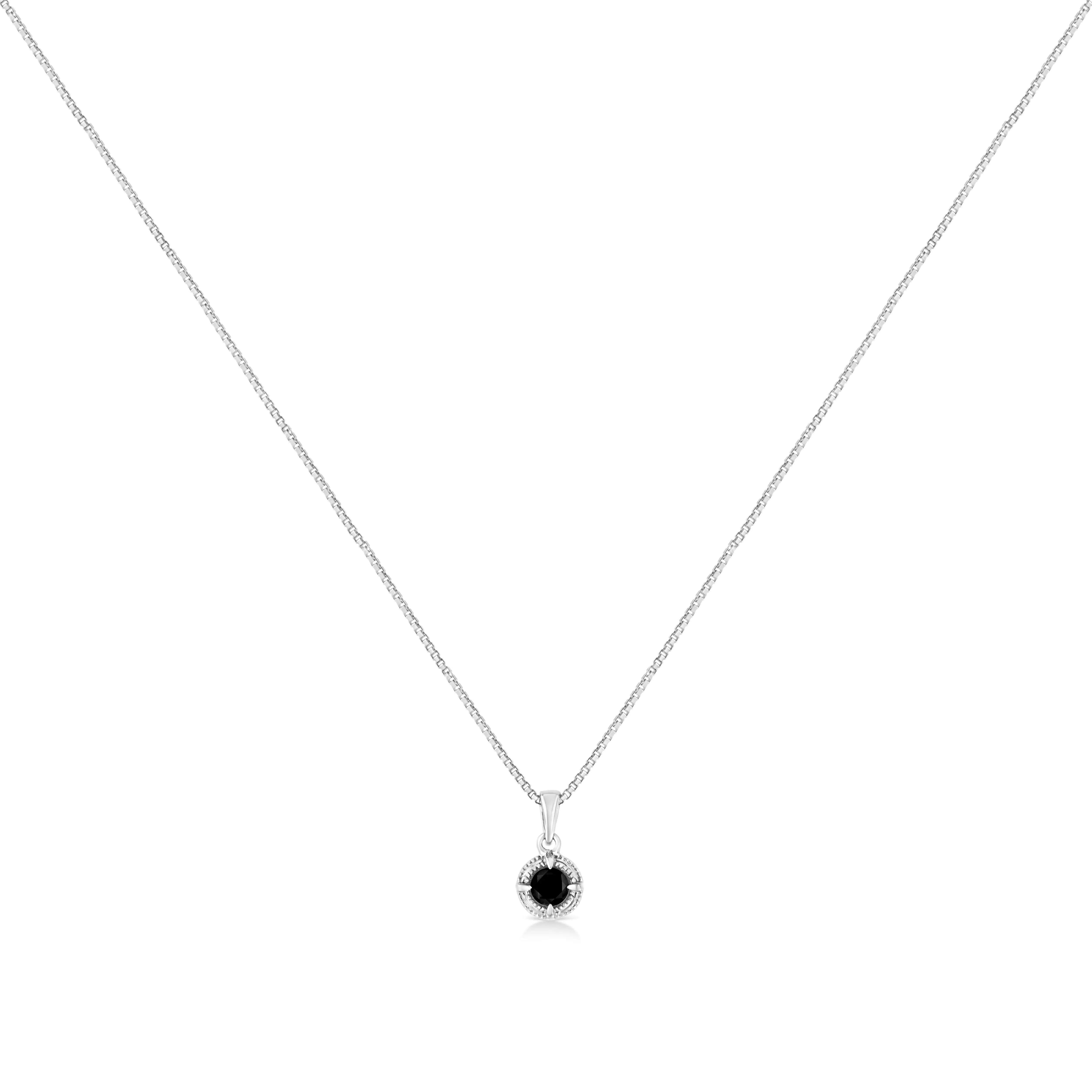 .925 Sterling Silver Treated Color Diamond Solitaire 18 Milgrain Pendant Necklace