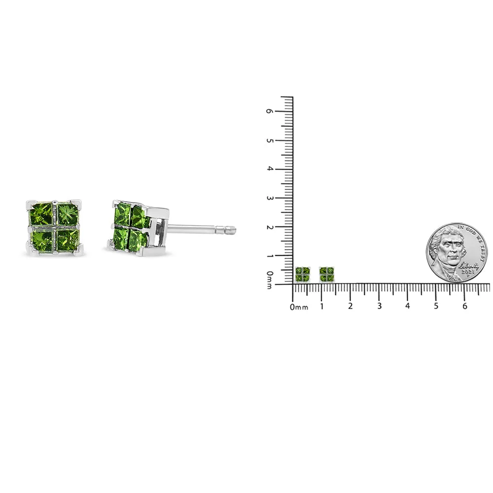 .925 Sterling Silver Treated Green Princess-cut Diamond 4 Stone Composite Quad Stud Earring