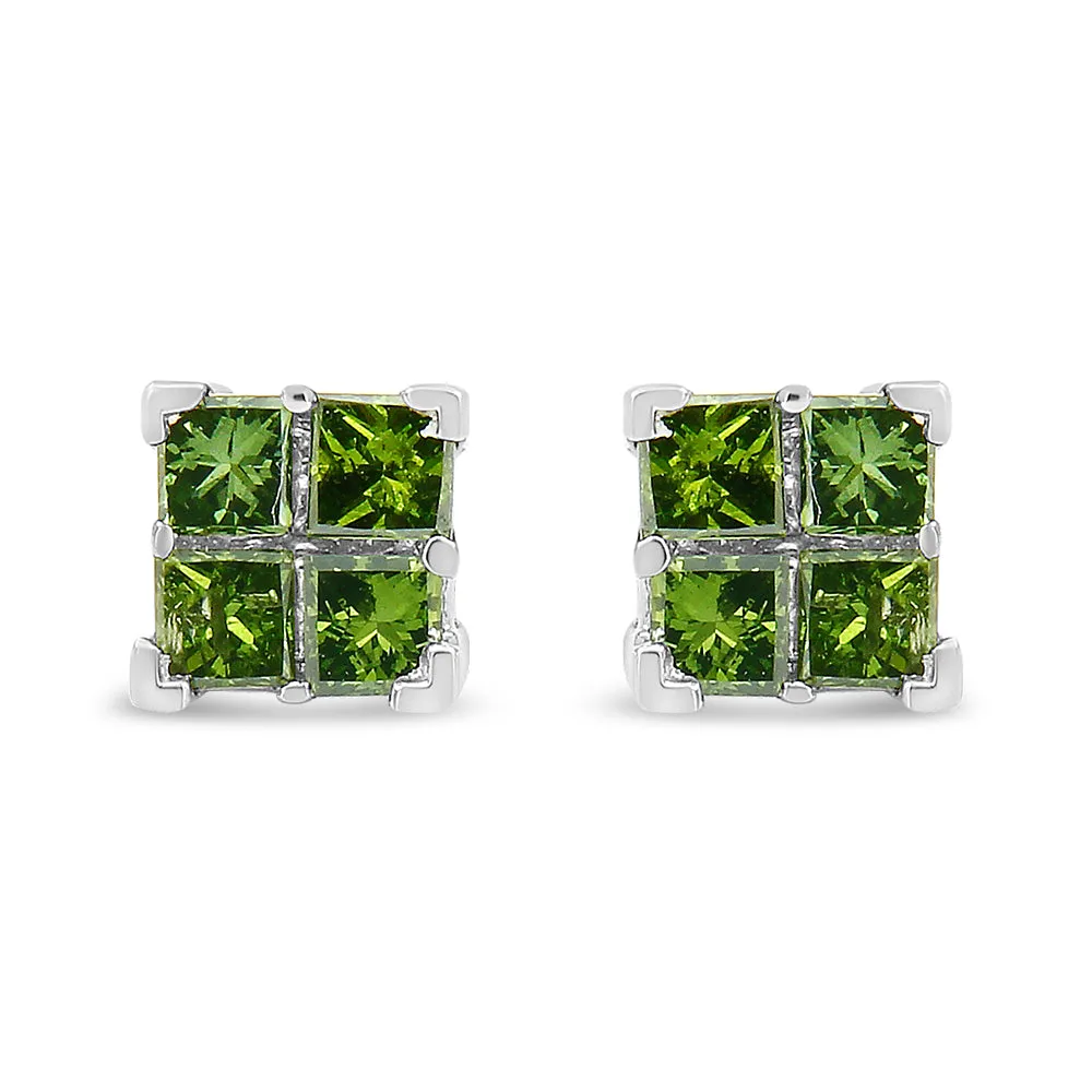 .925 Sterling Silver Treated Green Princess-cut Diamond 4 Stone Composite Quad Stud Earring