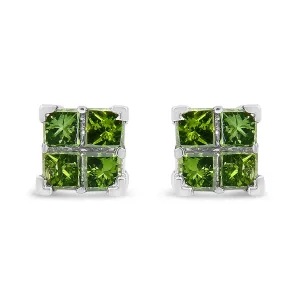 .925 Sterling Silver Treated Green Princess-cut Diamond 4 Stone Composite Quad Stud Earring