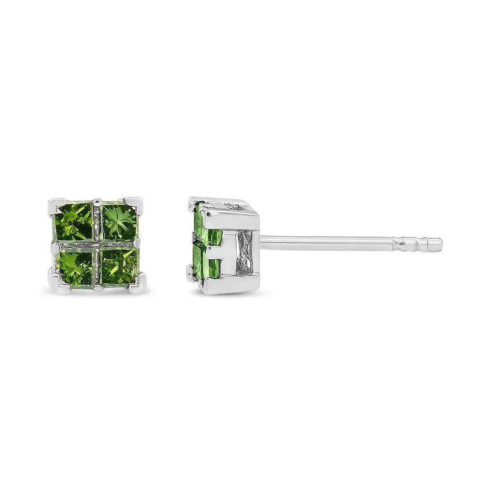 .925 Sterling Silver Treated Green Princess-cut Diamond 4 Stone Composite Quad Stud Earring