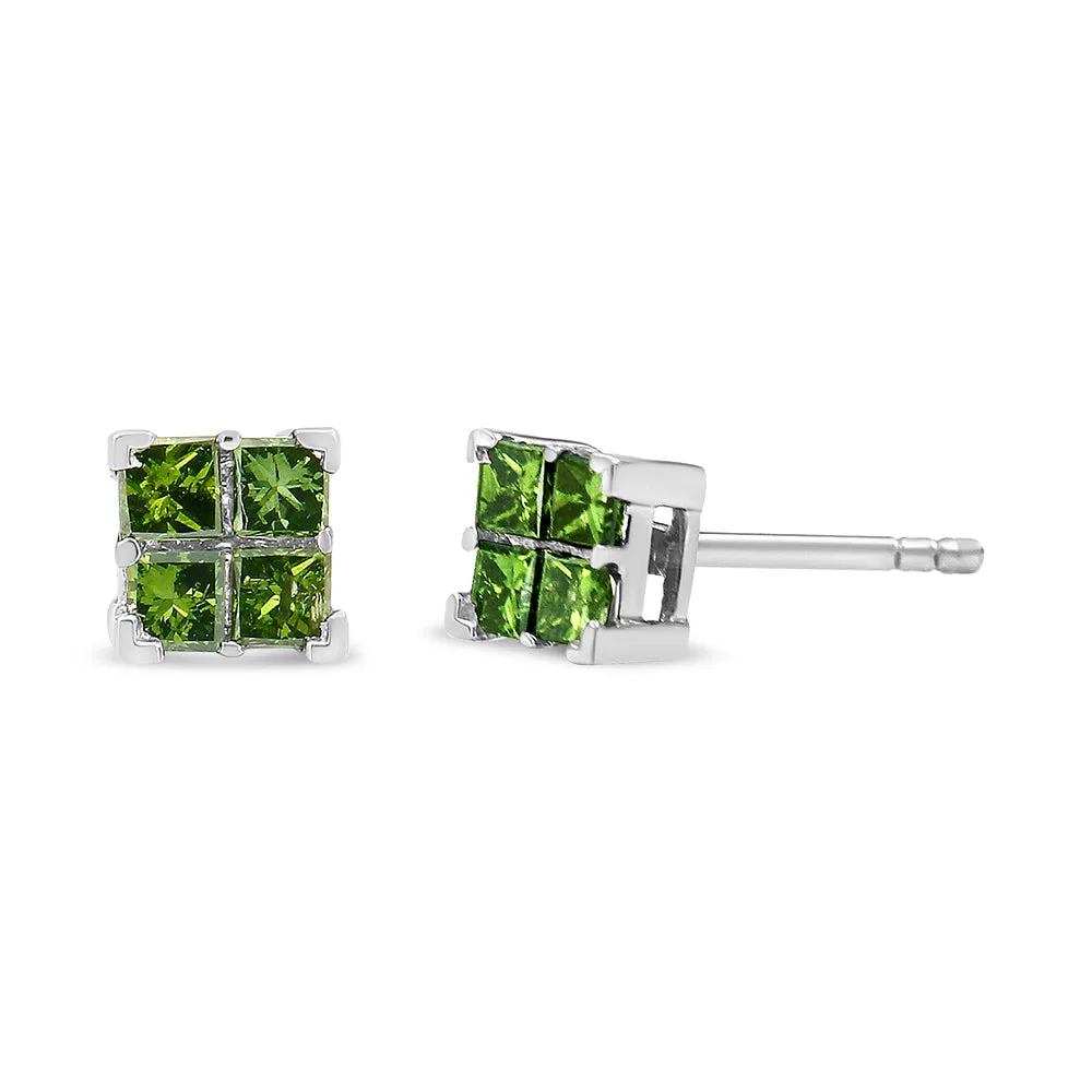 .925 Sterling Silver Treated Green Princess-cut Diamond 4 Stone Composite Quad Stud Earring