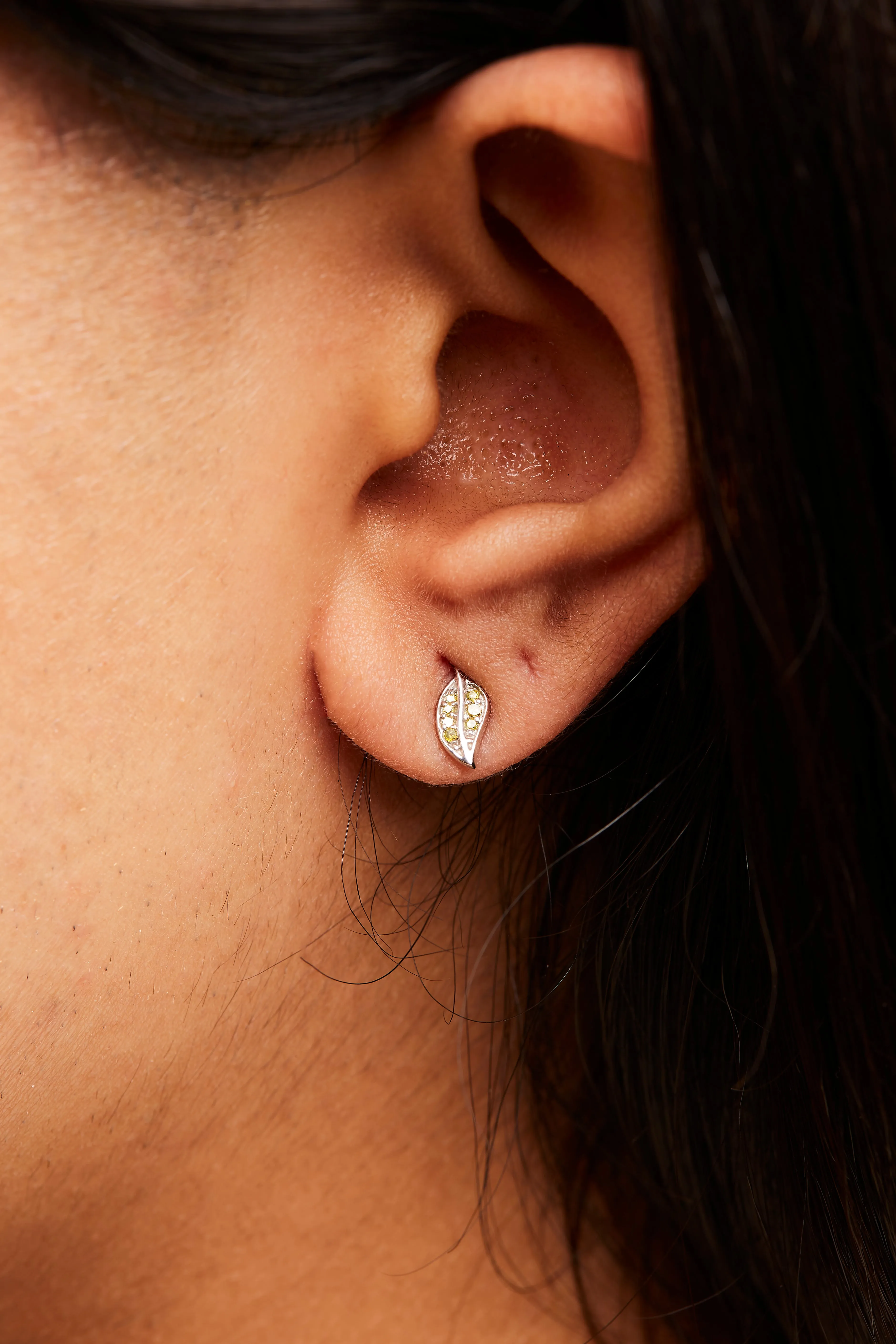.925 Sterling Silver Yellow Diamond Accent Leaf Stud Earrings