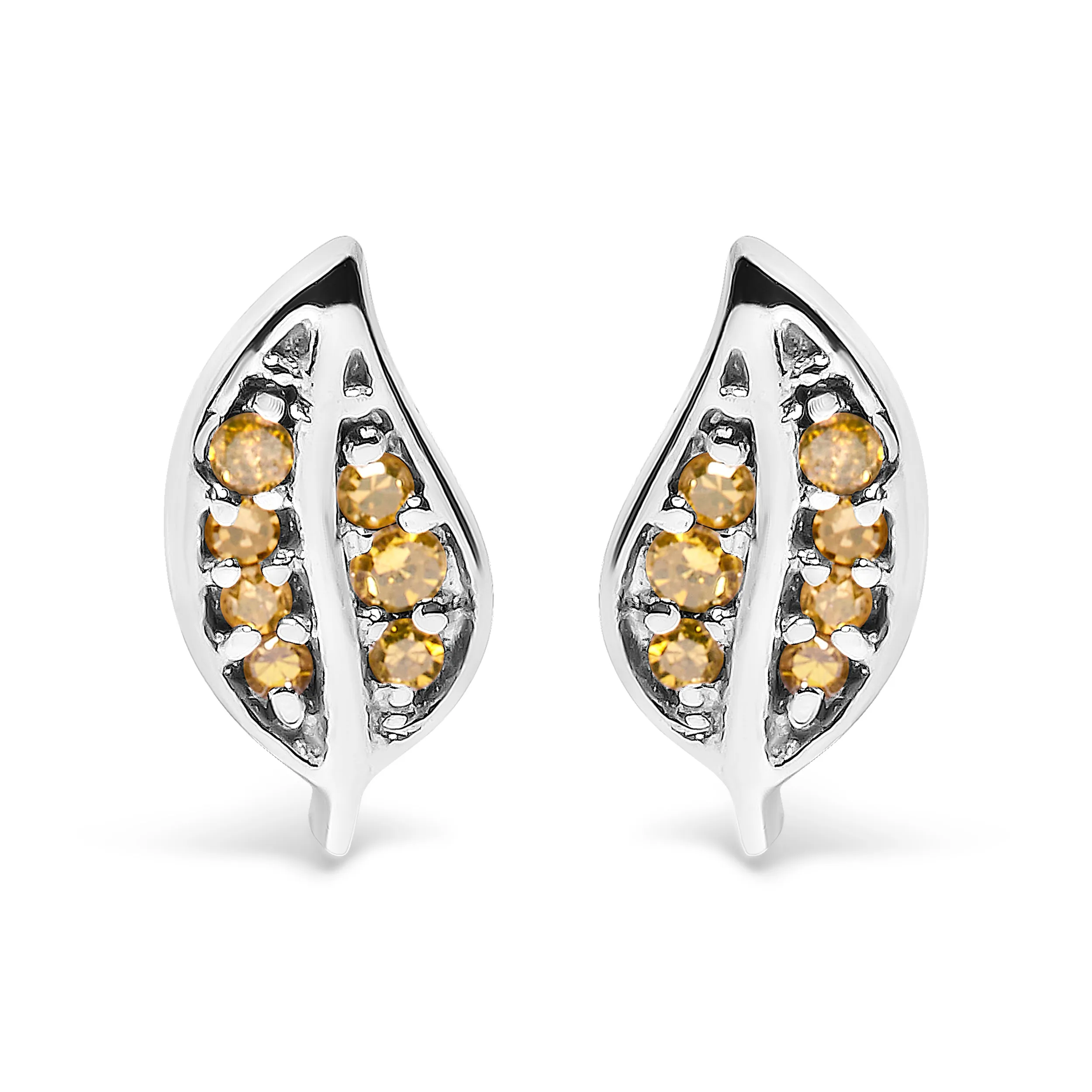.925 Sterling Silver Yellow Diamond Accent Leaf Stud Earrings