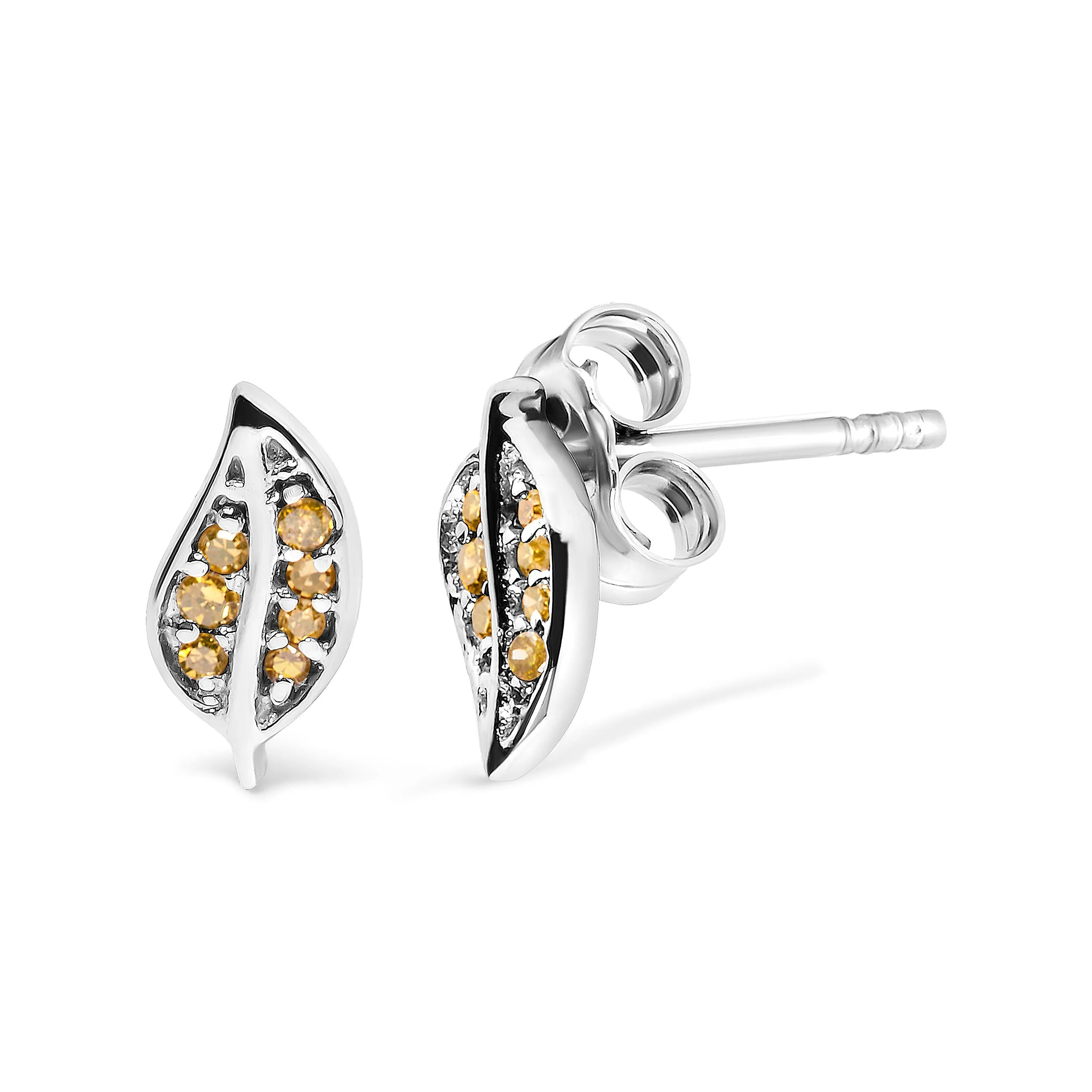 .925 Sterling Silver Yellow Diamond Accent Leaf Stud Earrings