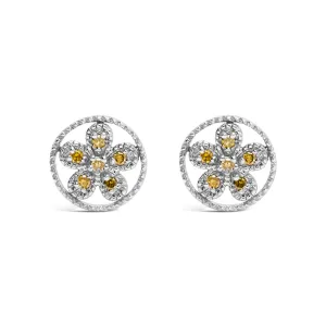 .925 Sterling Silver Yellow Diamond Accent Star and Wheel Milgrain Style Stud Earrings