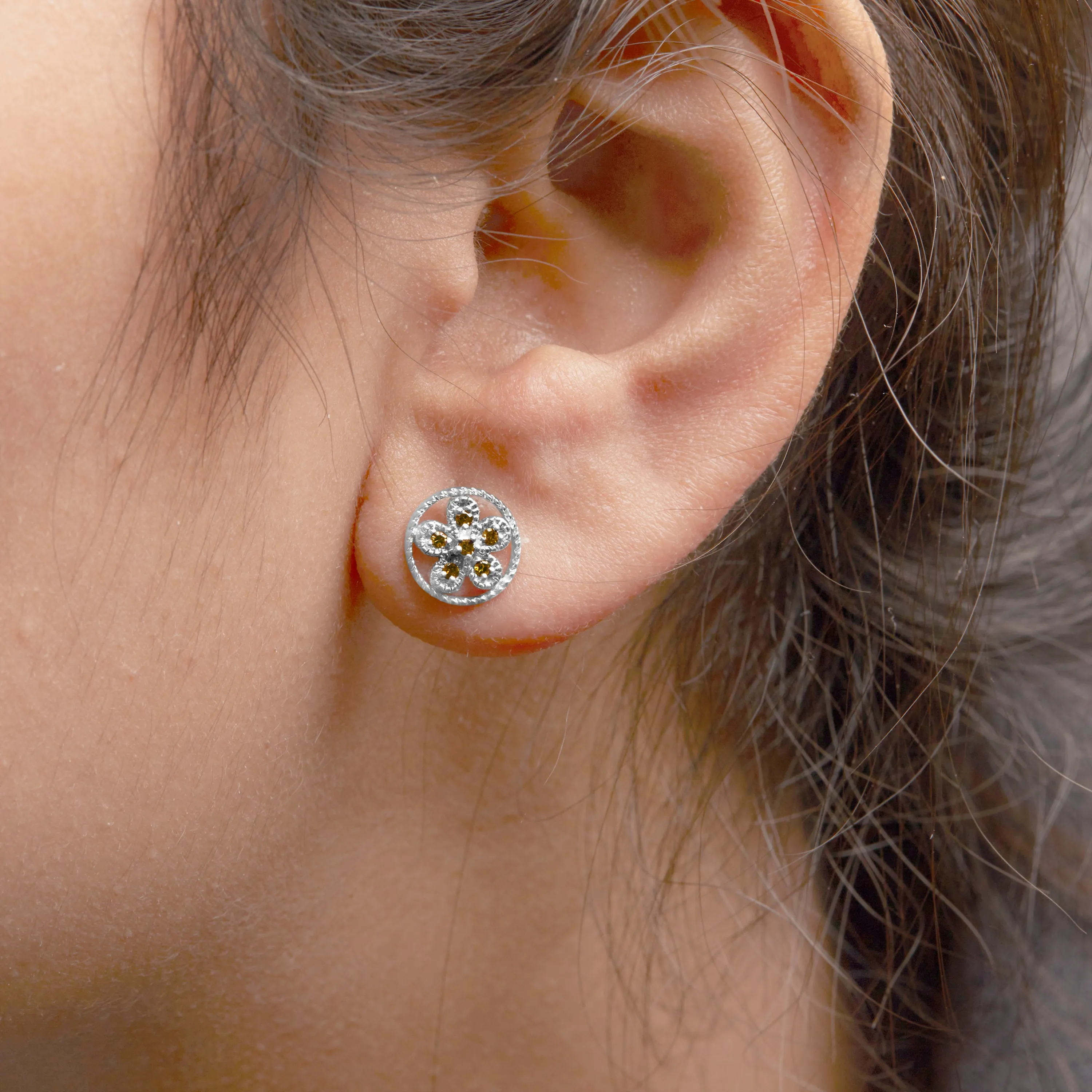 .925 Sterling Silver Yellow Diamond Accent Star and Wheel Milgrain Style Stud Earrings