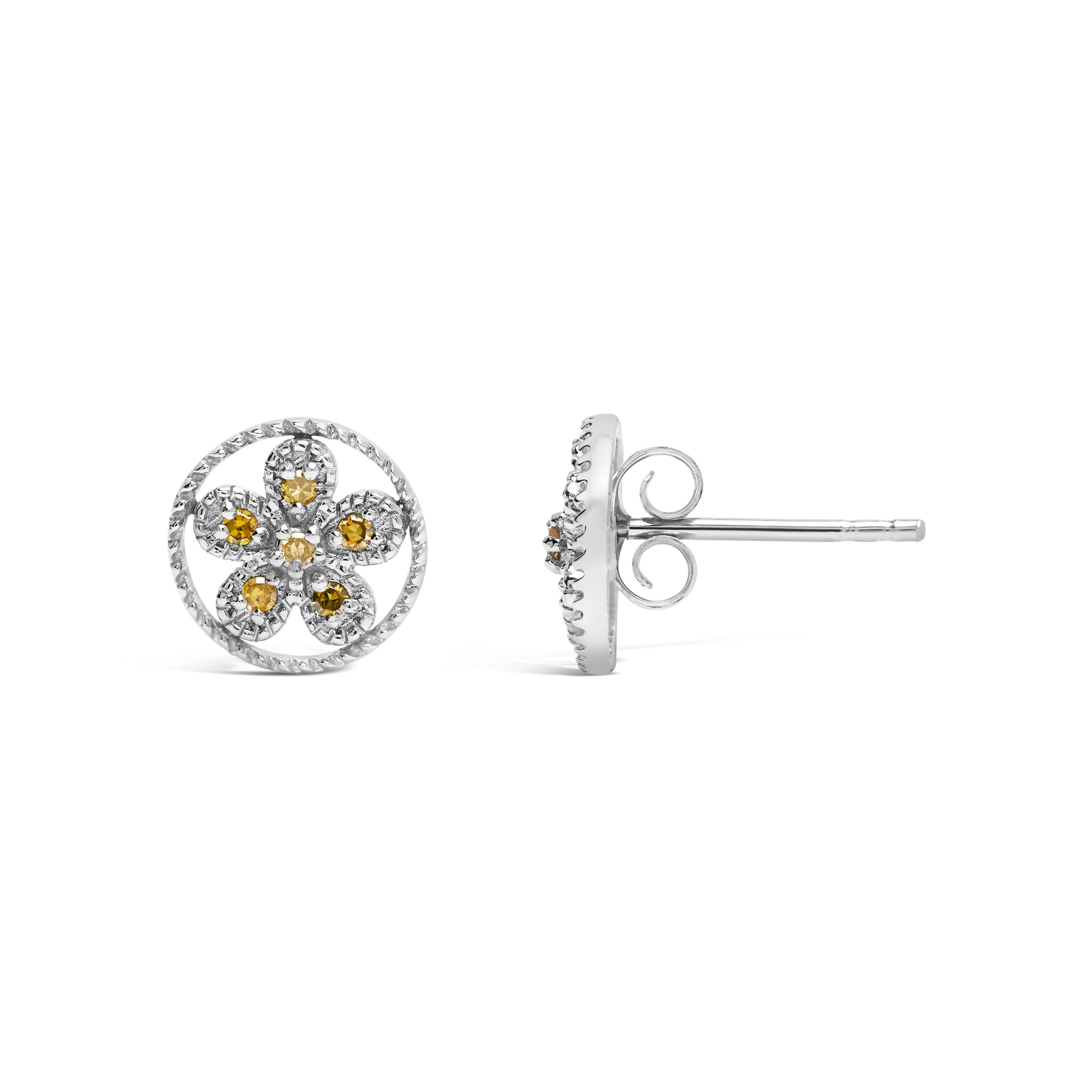 .925 Sterling Silver Yellow Diamond Accent Star and Wheel Milgrain Style Stud Earrings