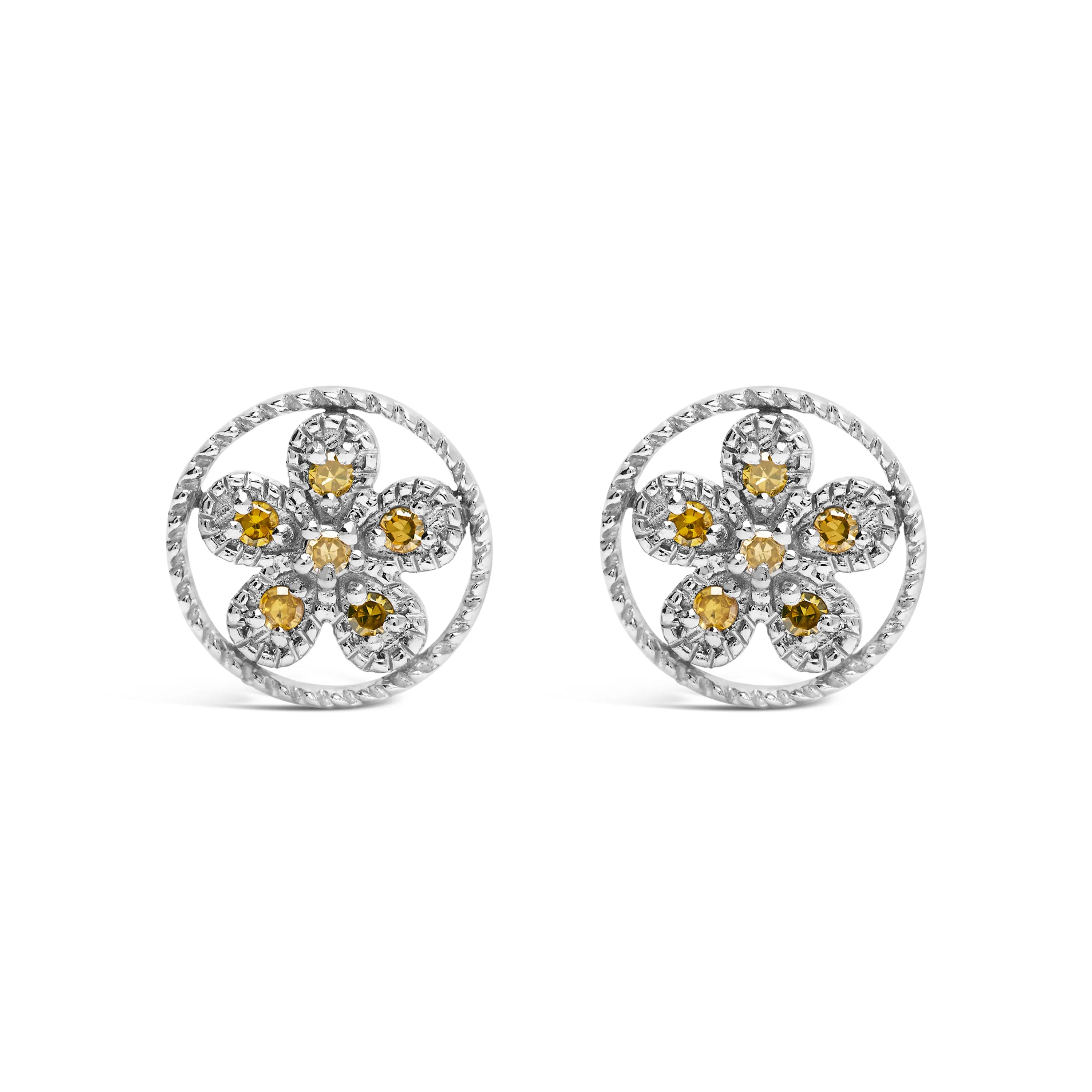.925 Sterling Silver Yellow Diamond Accent Star and Wheel Milgrain Style Stud Earrings