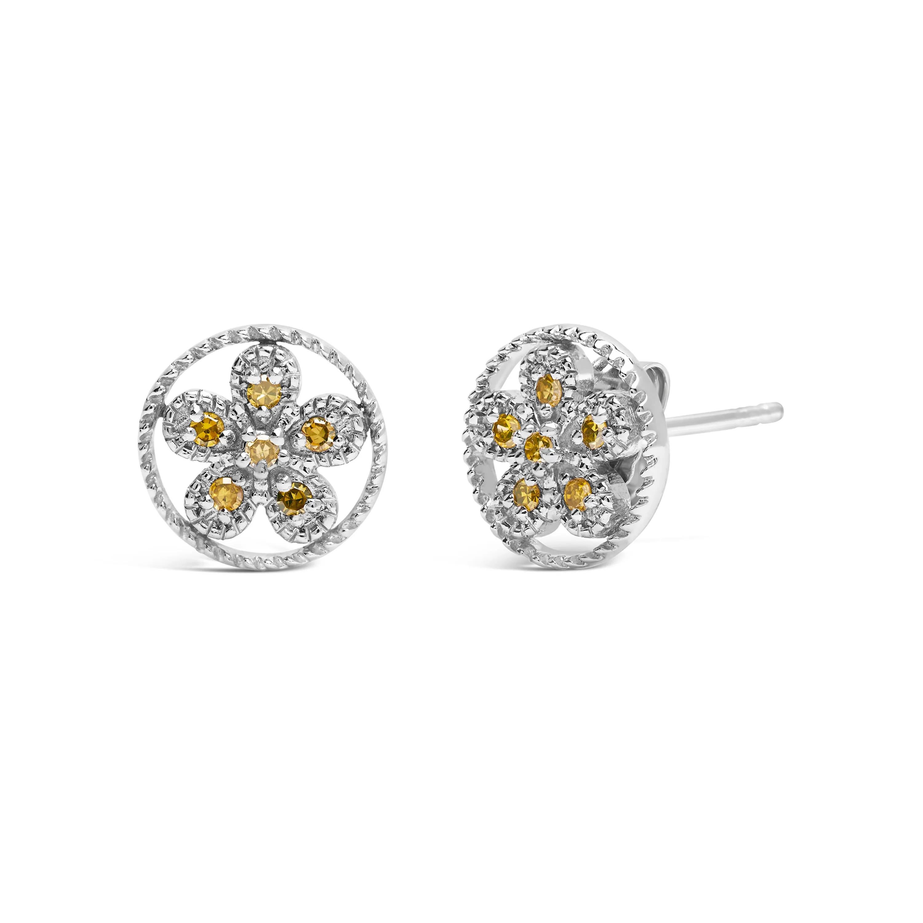 .925 Sterling Silver Yellow Diamond Accent Star and Wheel Milgrain Style Stud Earrings