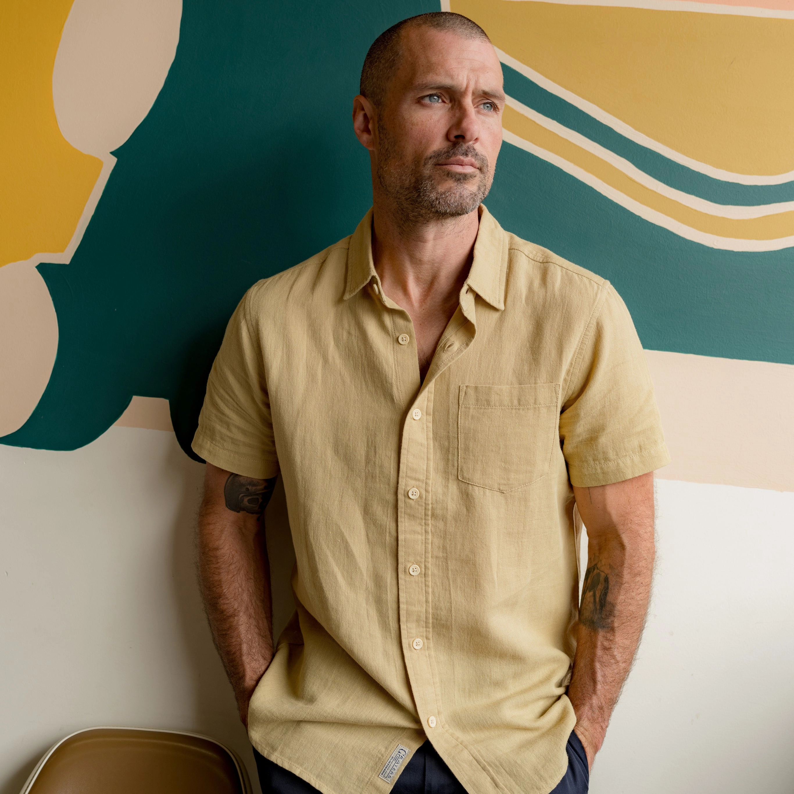 Amalfi Textured Hemp Linen Cotton Short Sleeve Shirt - Honey Mustard