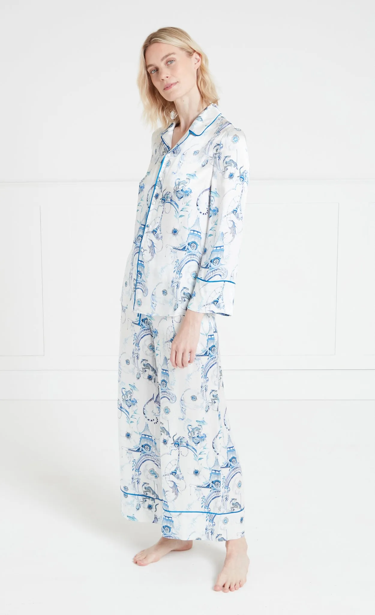 Aphrodite Long Sleeve Pyjama Top - White/Blue-Euphoria