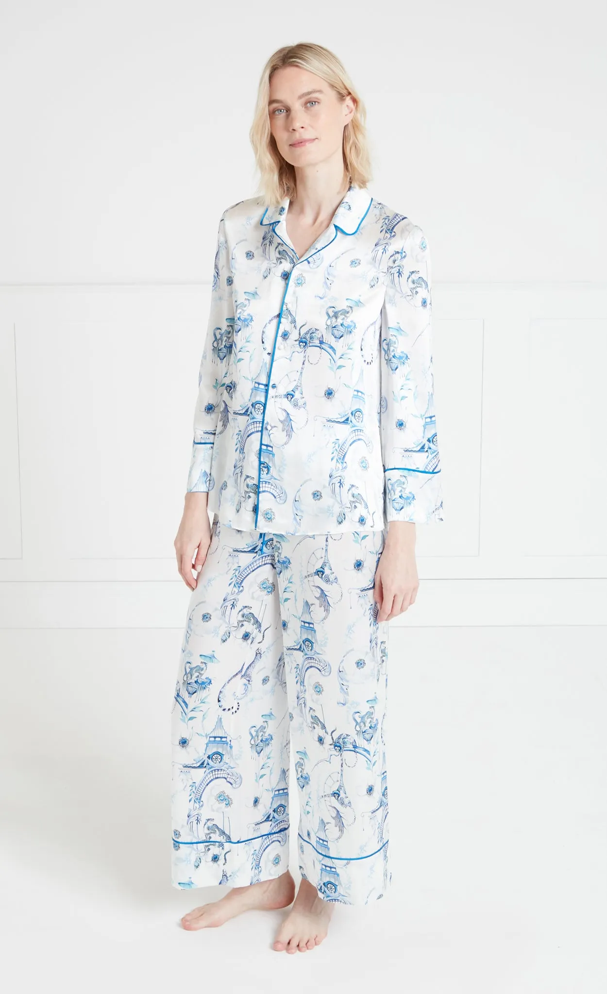 Aphrodite Long Sleeve Pyjama Top - White/Blue-Euphoria