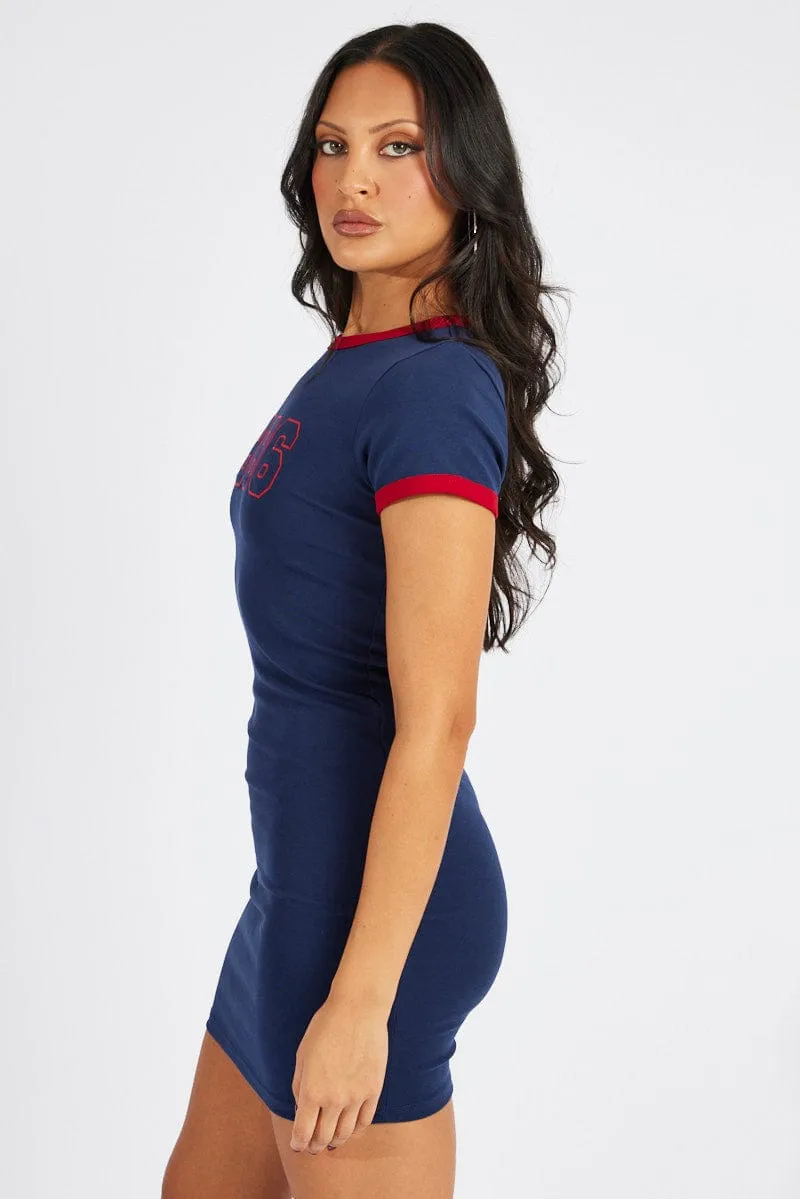 Blue Graphic Dress Short Sleeve
